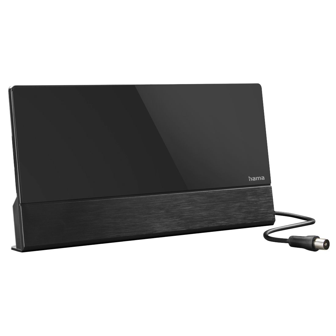 Czarna antena wewnętrzna, elegancki design, z kablem i połączeniem, na białym tle.