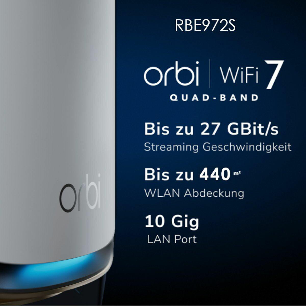 Weißer und grauer Orbi WiFi 7 Router mit Text über Geschwindigkeit und Reichweite, Orbi Logo.