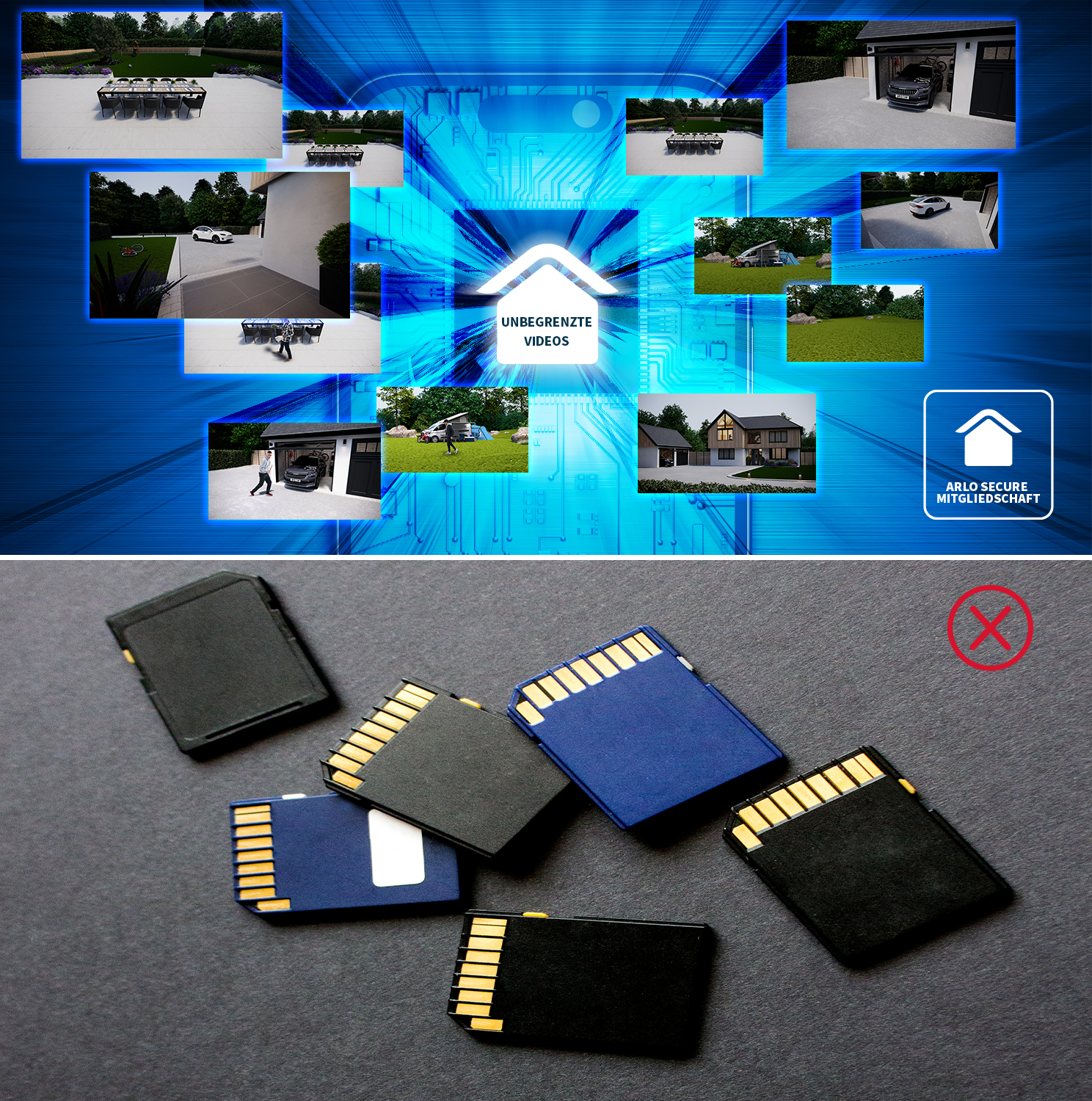 Mehrere Bilder auf blauem Hintergrund, SD-Karten mit rotem X, das Datensicherheit darstellt.