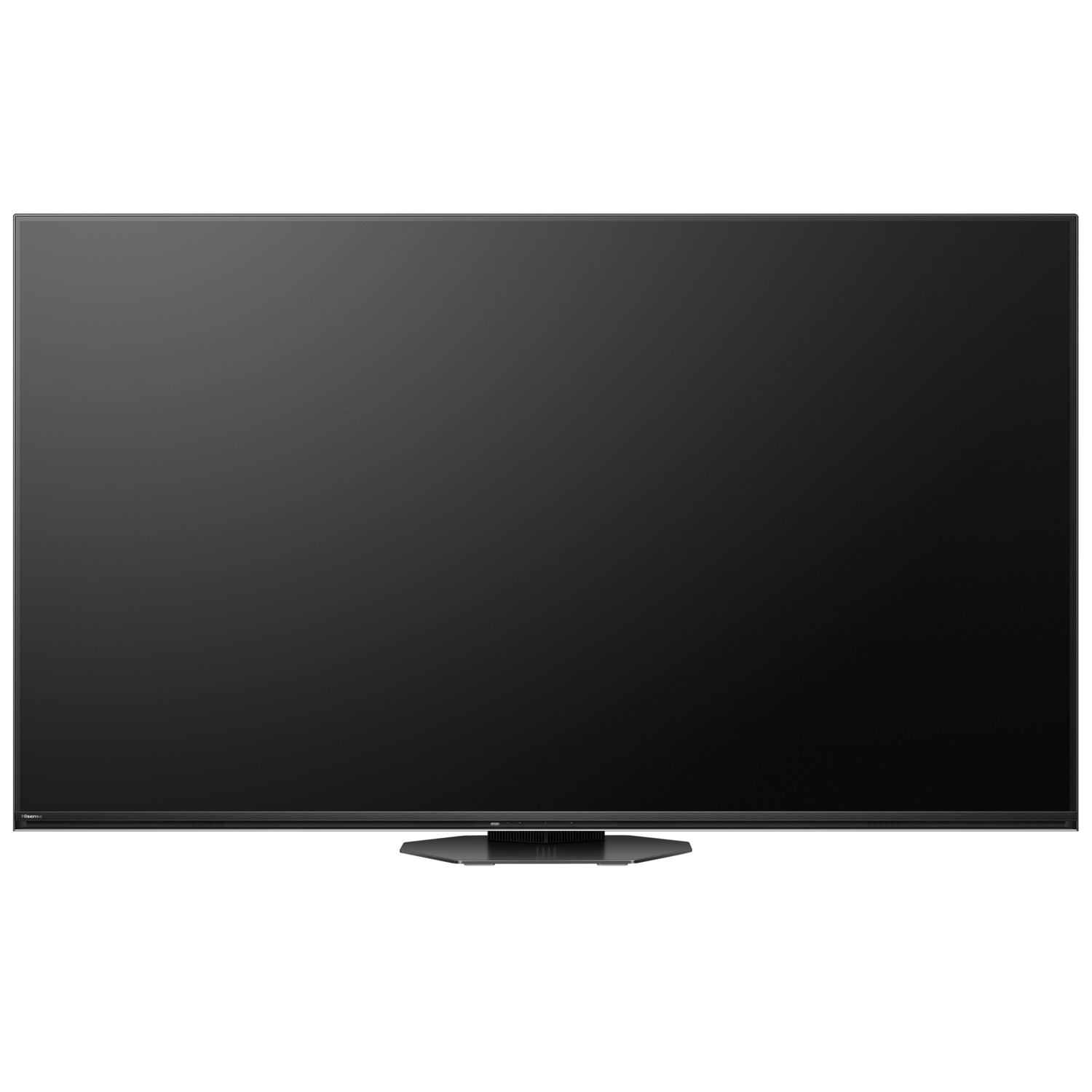 Groot zwart tv-scherm met standaard. Het scherm staat aan en is zwart.