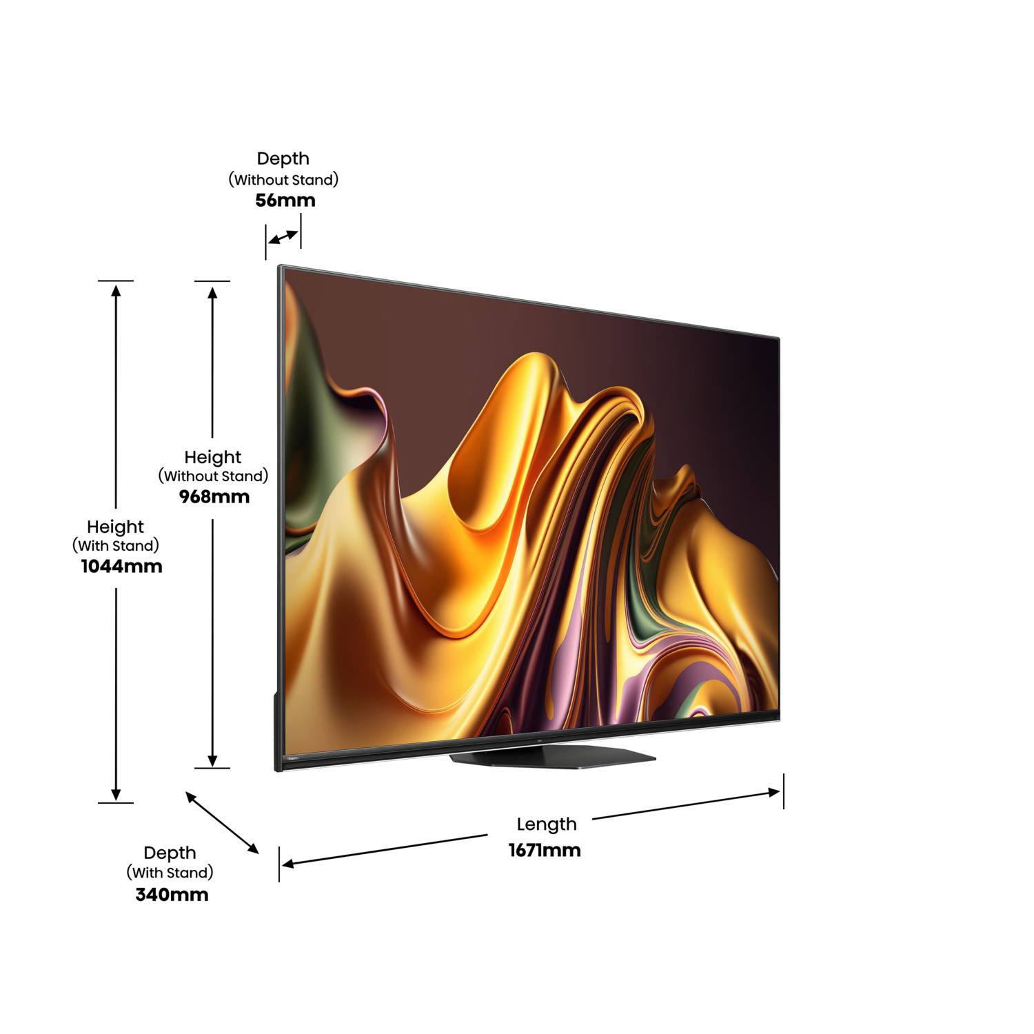TV met afmetingen: Hoogte 968mm, Diepte 56mm, Lengte 1671mm, voetdiepte 340mm.