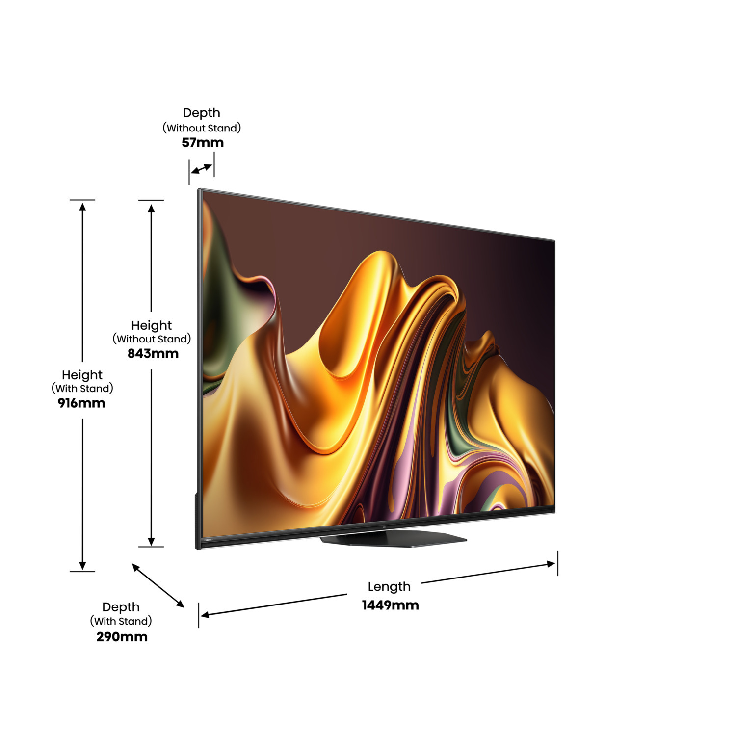 Tv met afmetingen, hoogte en breedte in millimeters. De tv staat op een witte achtergrond.