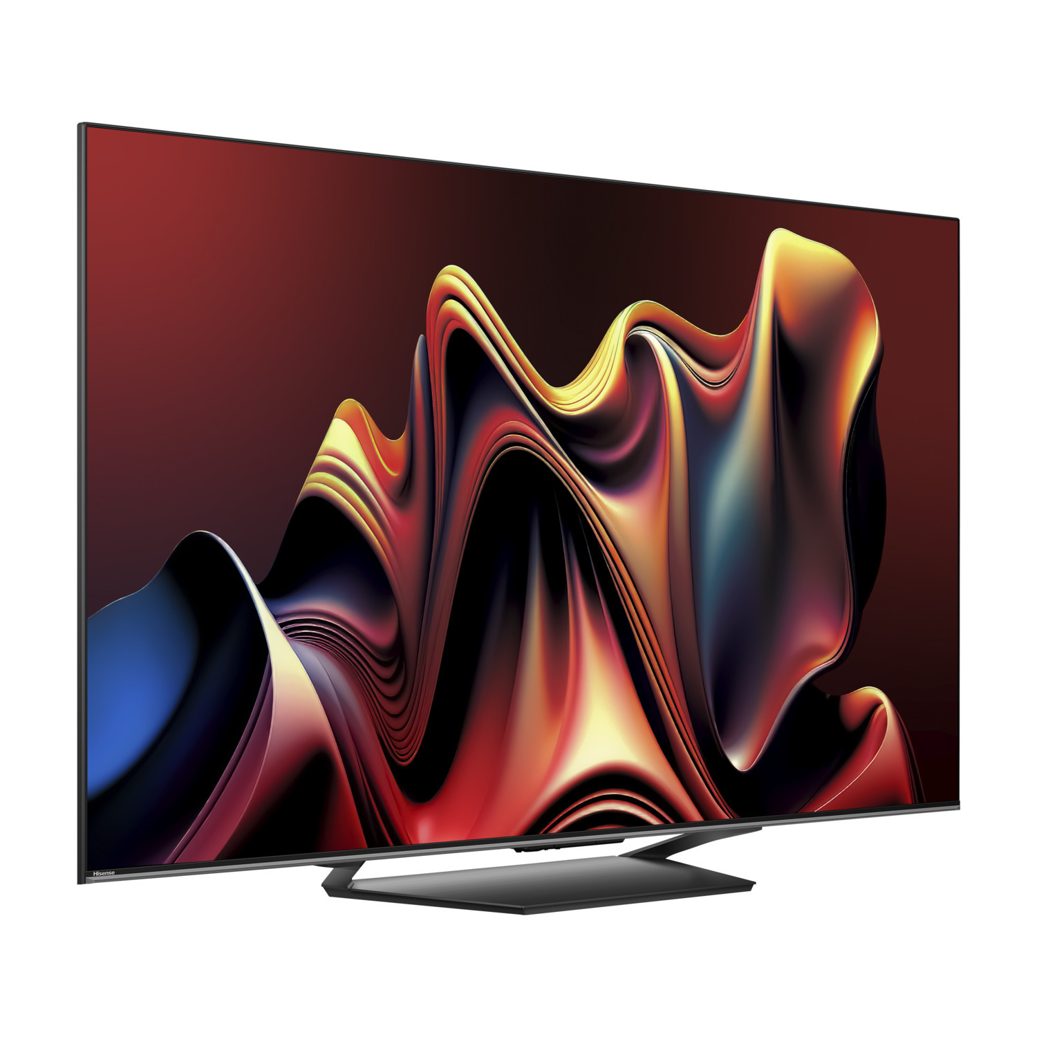 Grand écran de télévision affichant un motif abstrait coloré avec un socle noir.