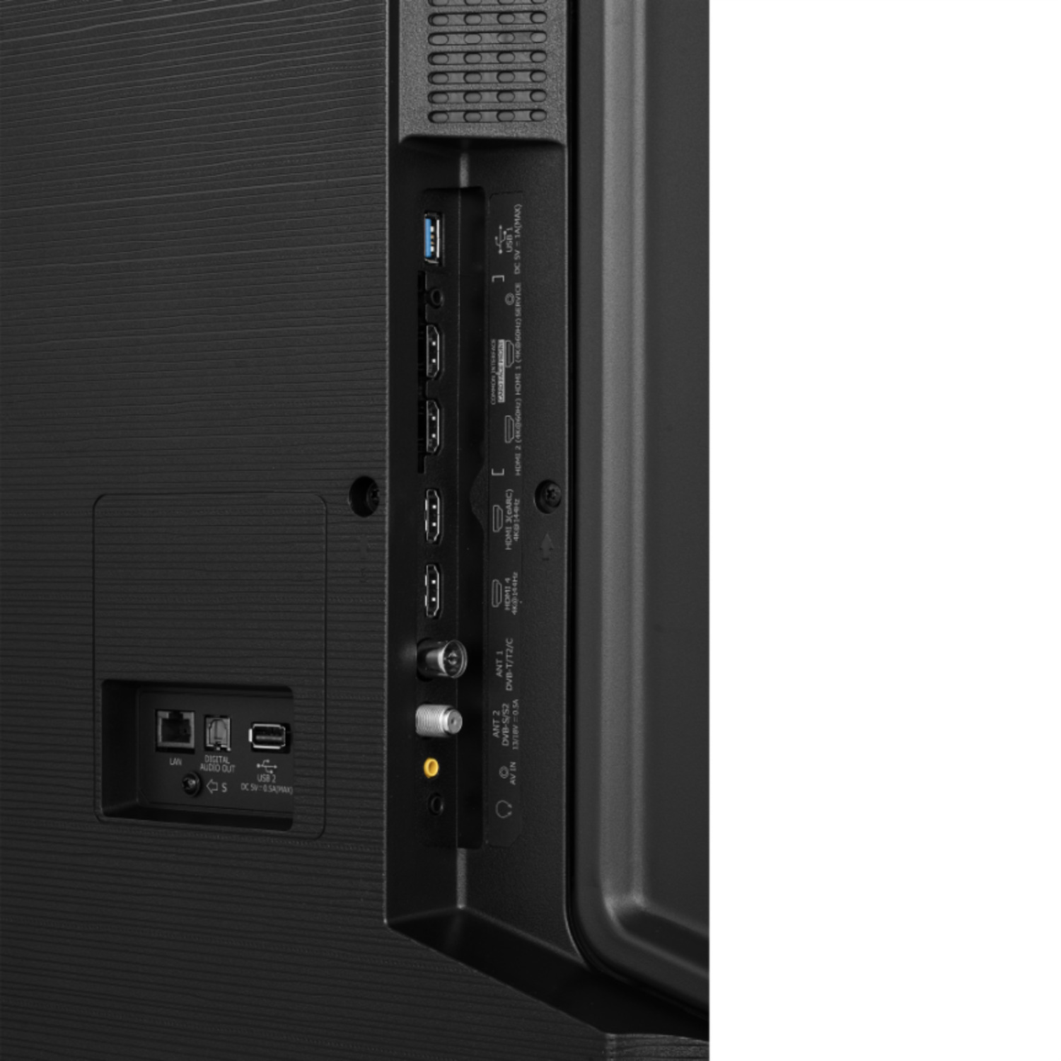 Arrière du téléviseur montrant les ports : USB, HDMI, LAN, AV, audio, antenne.