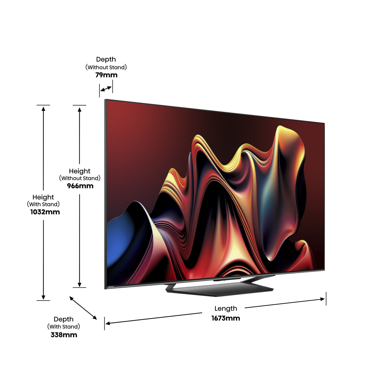 Un grand téléviseur, les dimensions sont affichées, avec un fond abstrait coloré.
