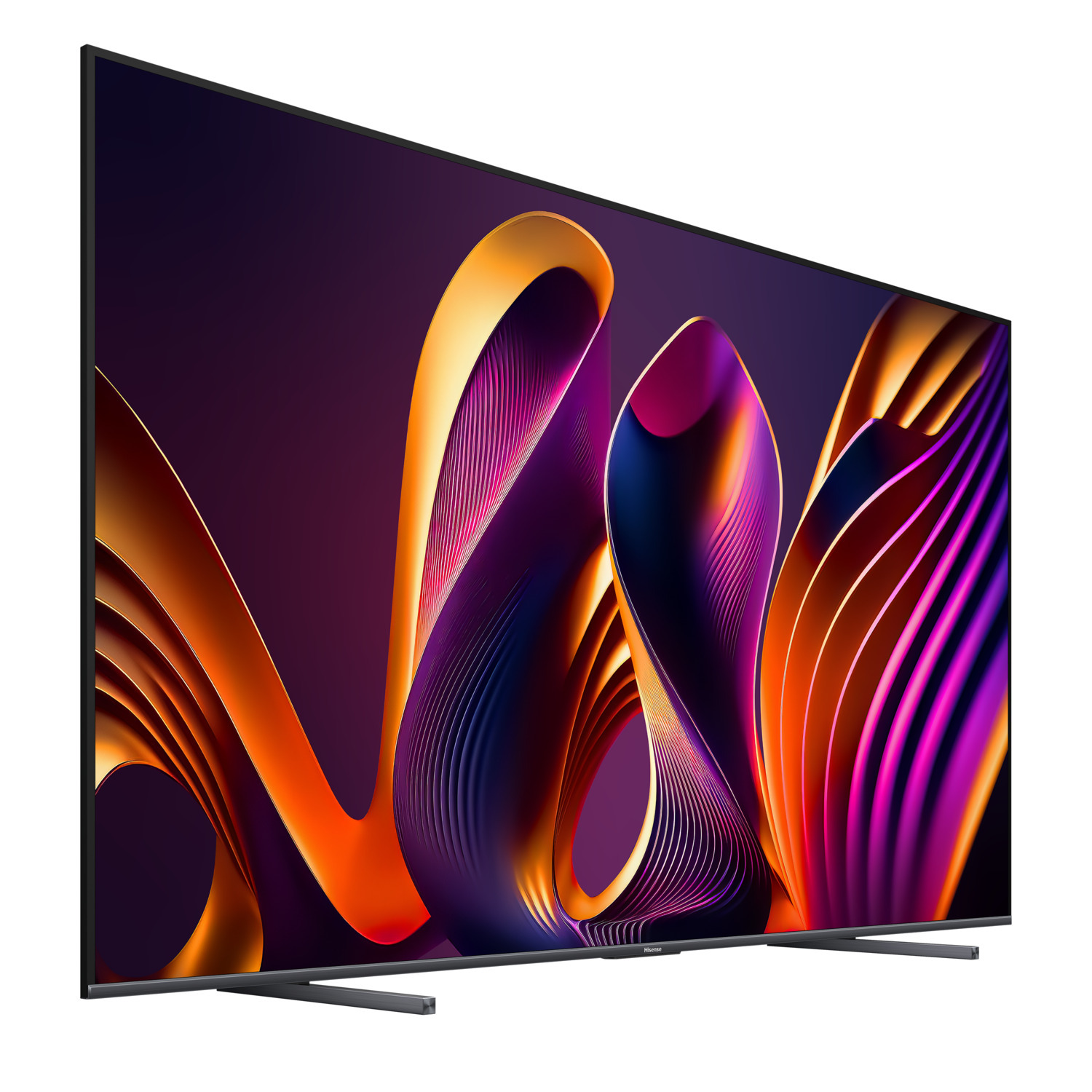 Groot tv-scherm met kleurrijke abstracte kunst met een donkerpaarse achtergrond.