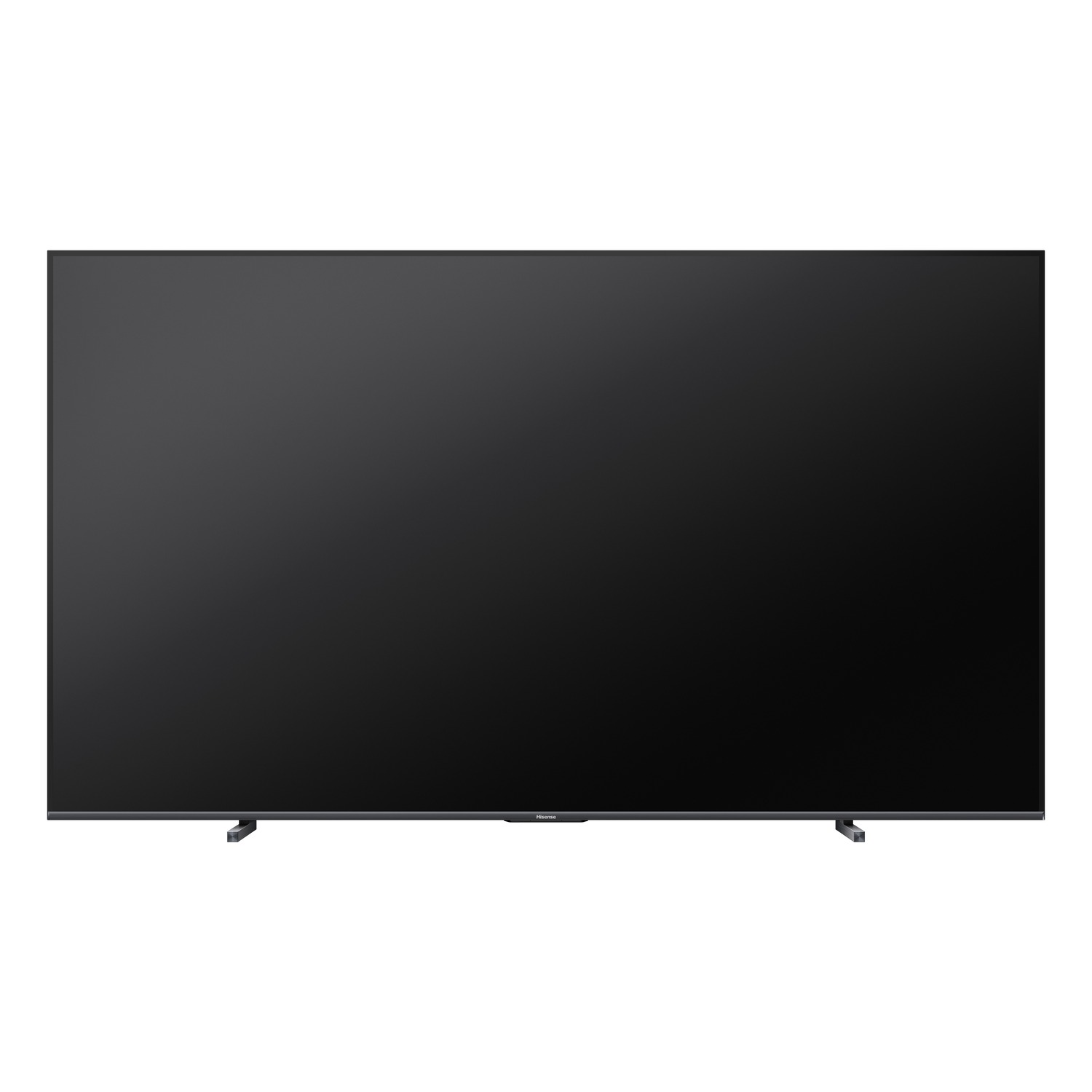 Groot, zwart tv-scherm, met een zilveren standaard, vult het frame.