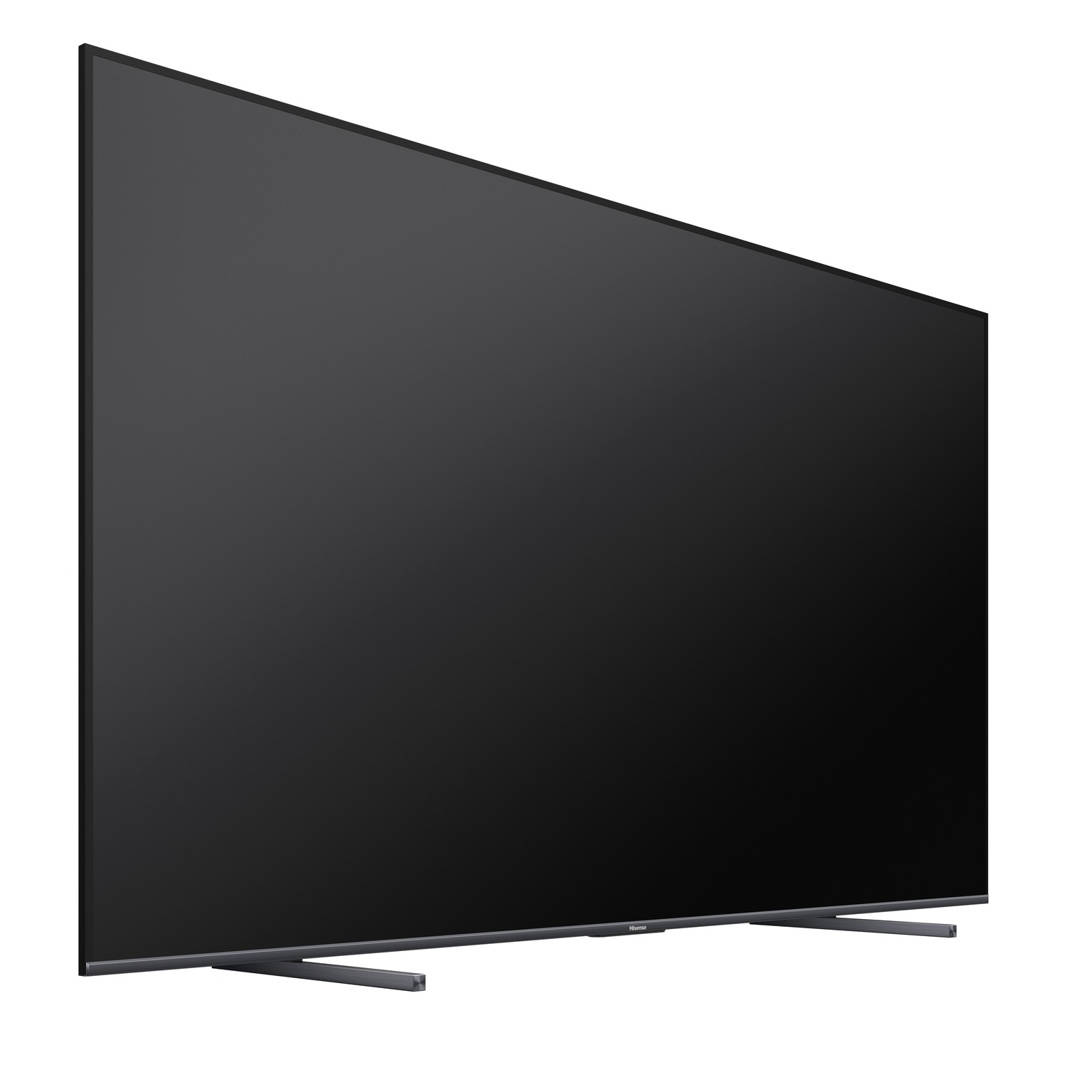 Een groot zwart tv-scherm met een dun frame, op een zilveren standaard, geïsoleerd op wit.