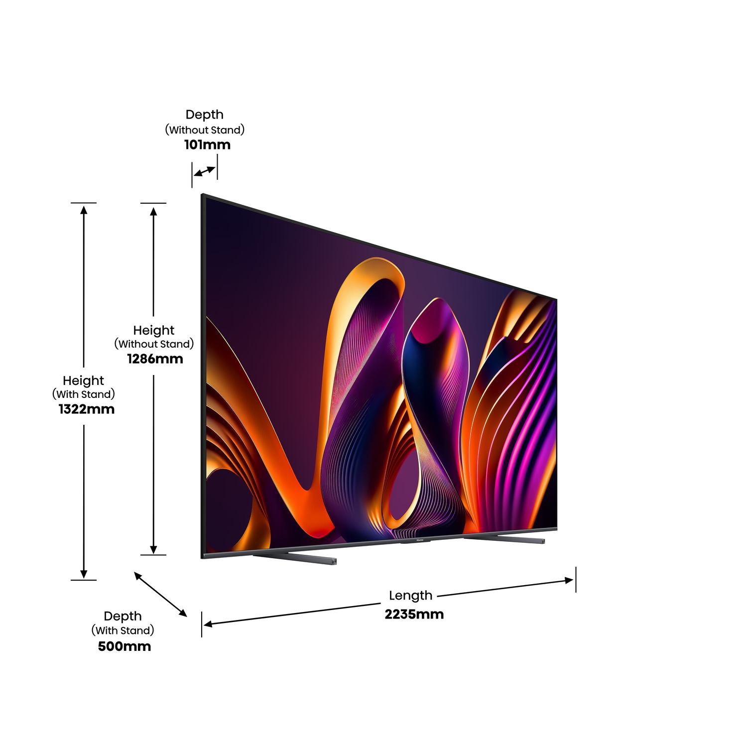 Een groot tv-scherm met een kleurrijke abstracte afbeelding. Afmetingen: 1322 mm hoog, 2235 mm lang.