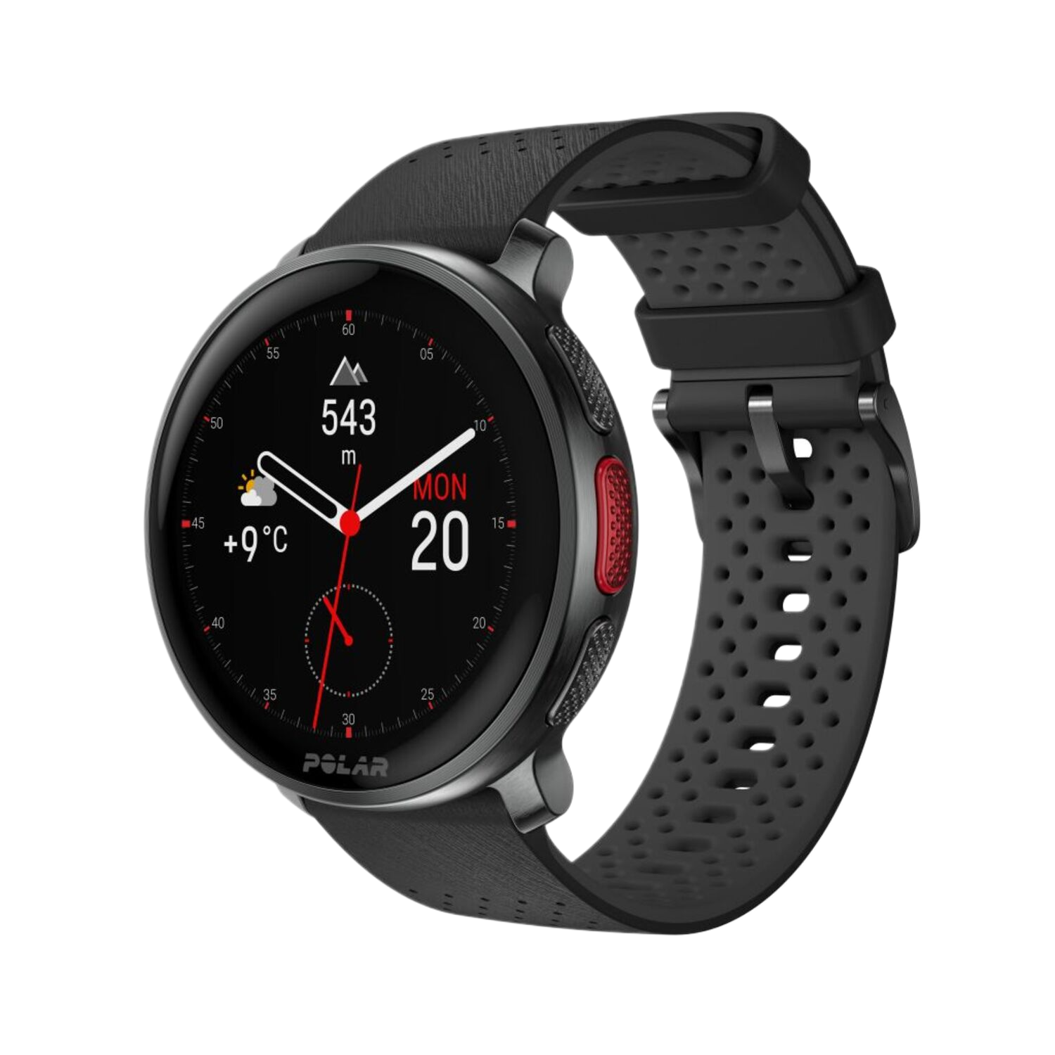 Smartwatch Polar noire avec cadran rond. Affiche l'heure, la date et les métriques. Bracelet noir.