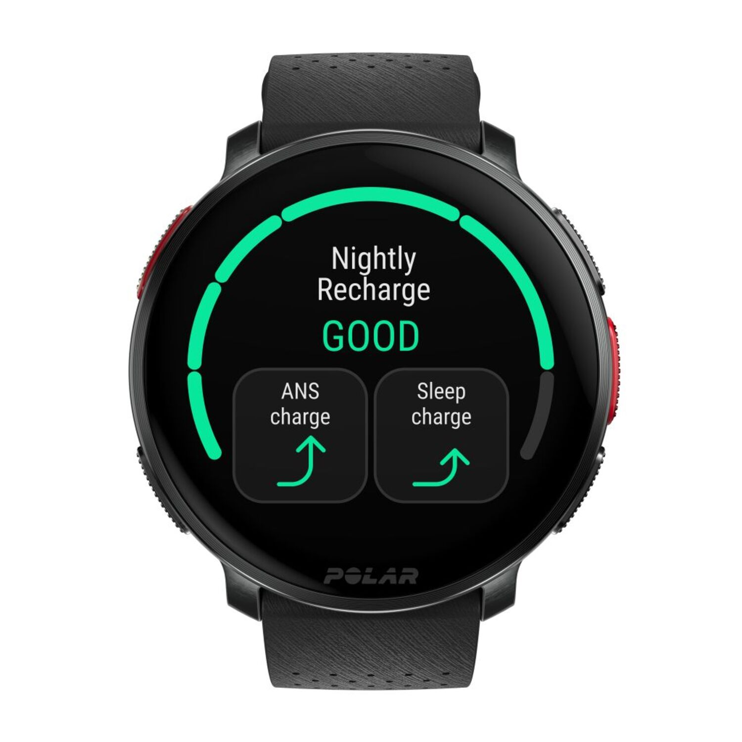 Une smartwatch noire avec un cadran rond affichant l'état de charge du sommeil et du SNA.