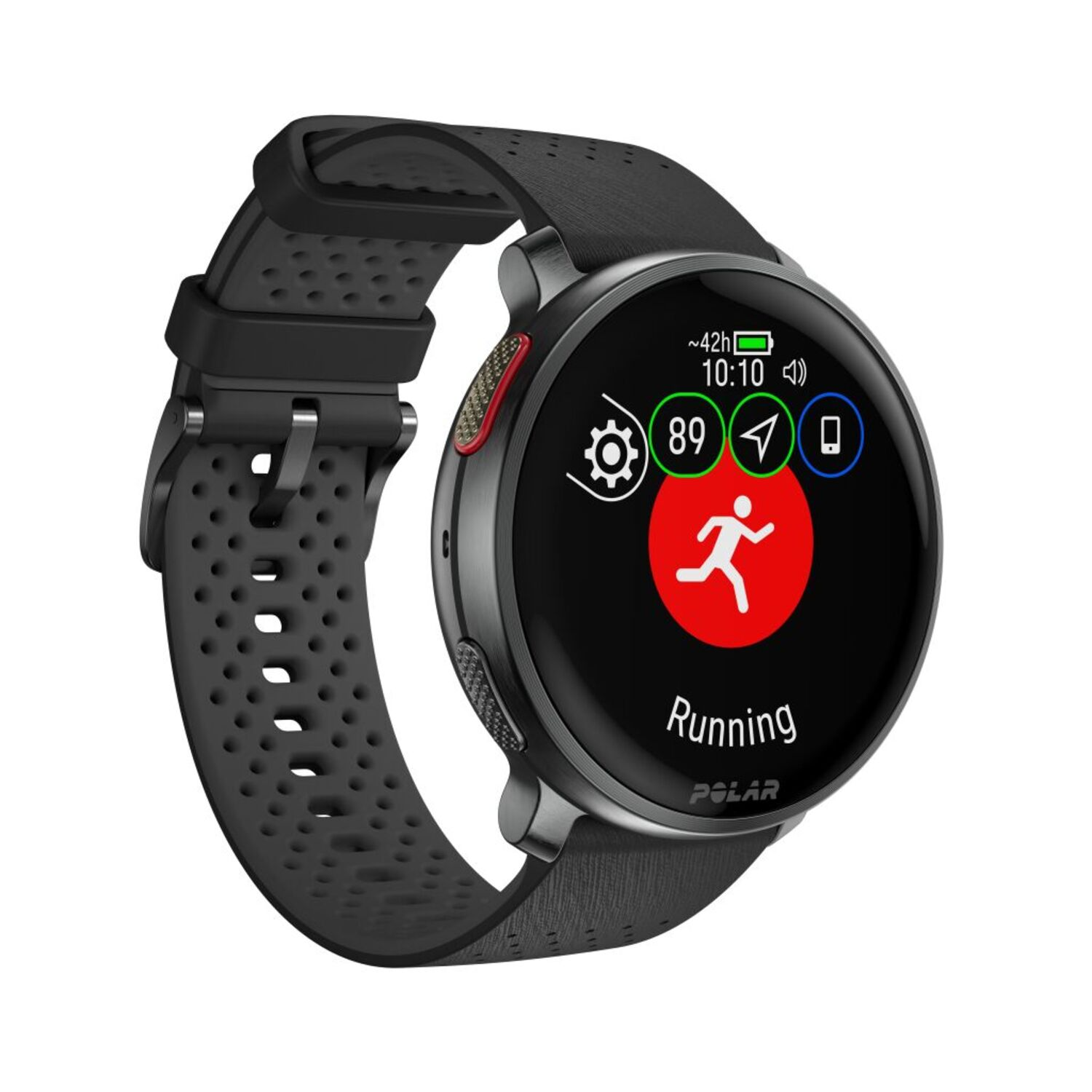 Une smartwatch Polar noire avec une icône d'application de course.