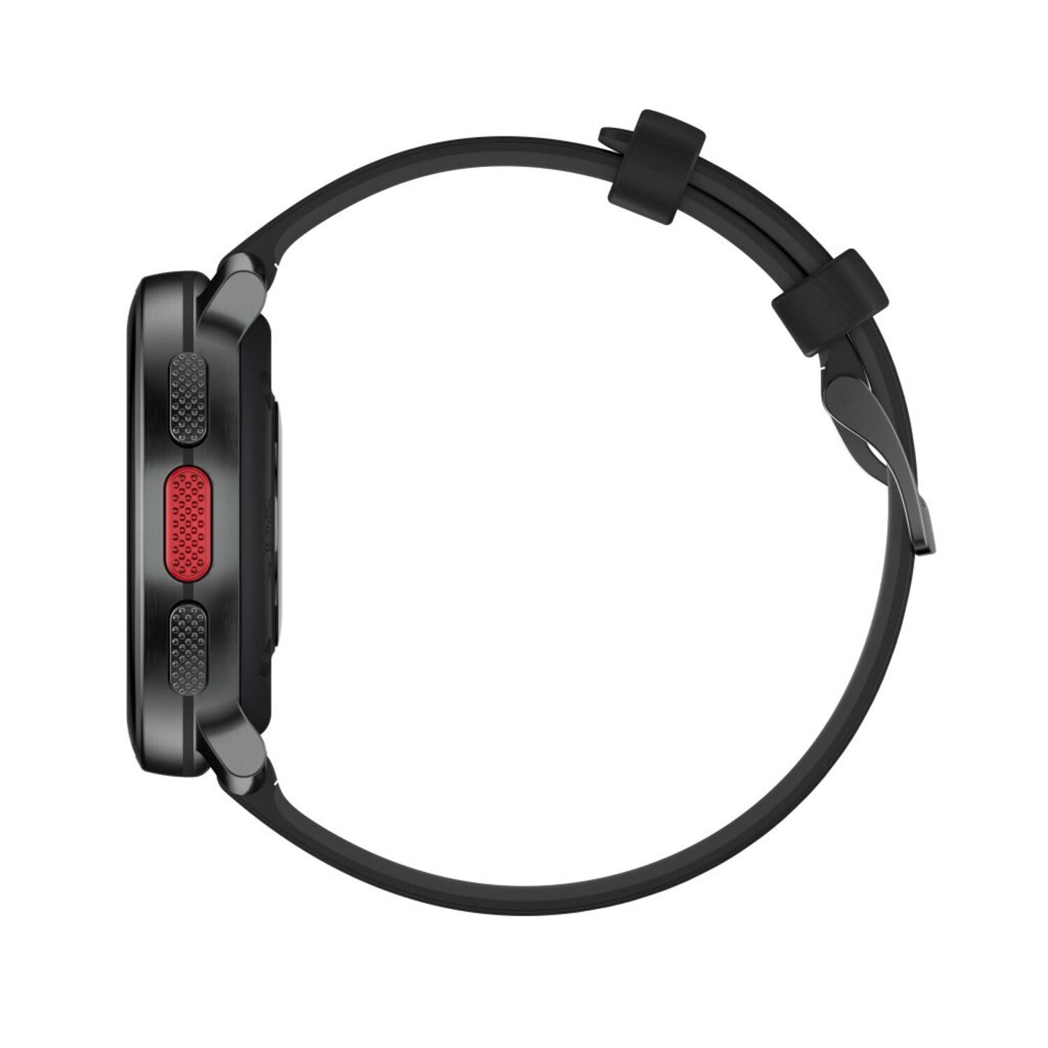 Vue latérale d'une smartwatch noire avec un bracelet noir. Un bouton rouge est visible sur le côté.