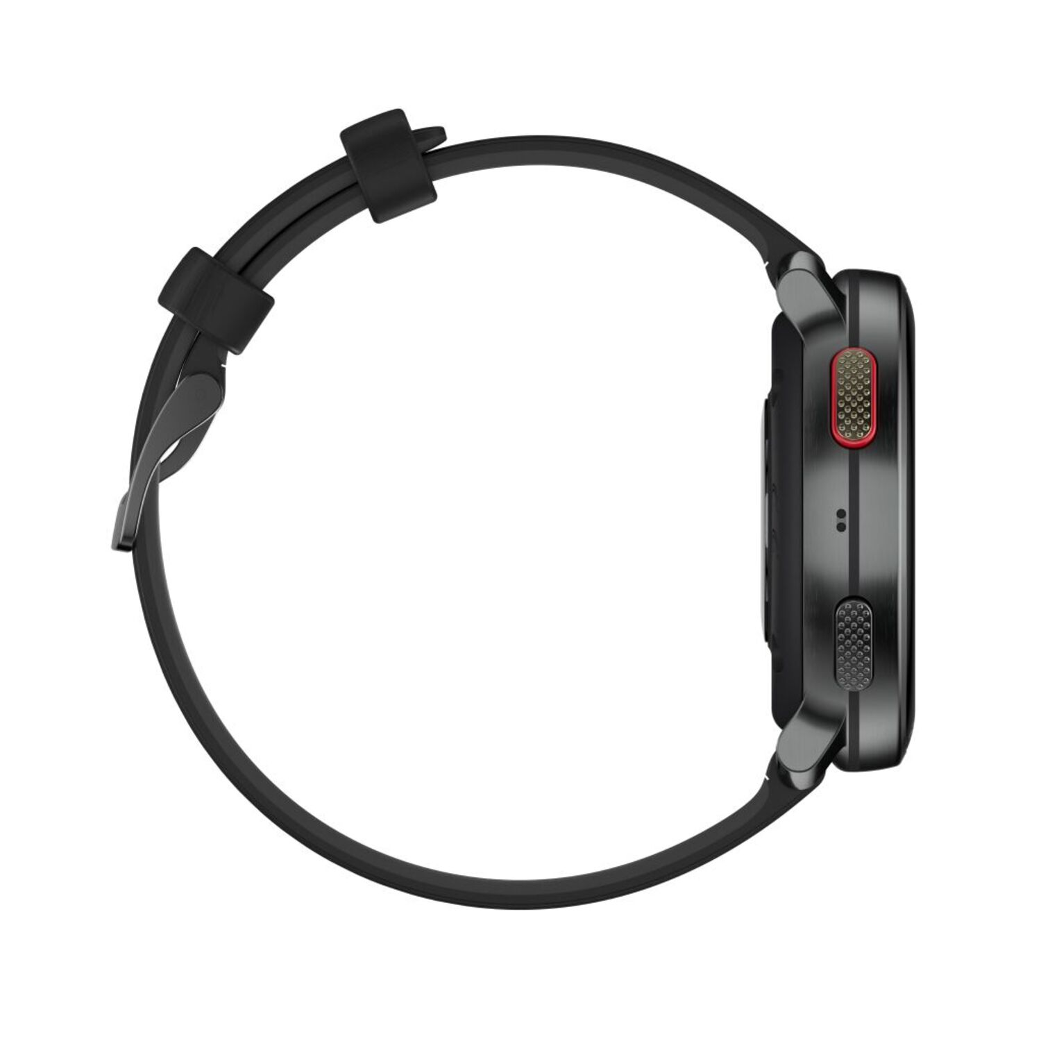 Vue latérale d'une montre connectée noire avec un bracelet noir. Accent rouge sur les boutons latéraux.