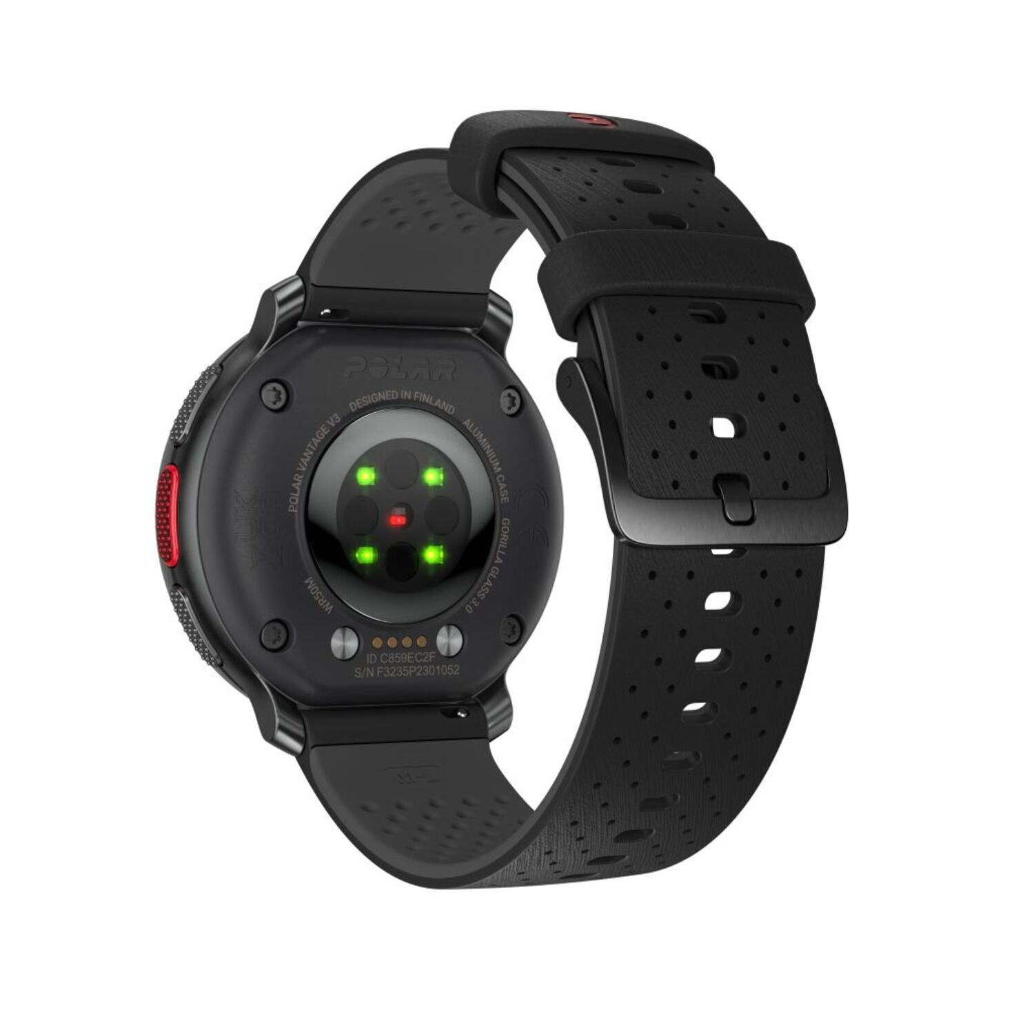 Montre connectée Polar Vantage V3 noire sur fond blanc, détails du dos et du bracelet.