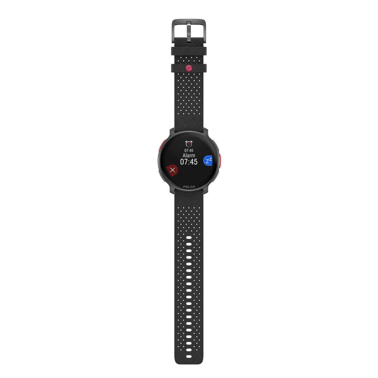 Montre connectée Polar noire, cadran rond, bracelet noir à pois blancs. Affiche l'heure et l'alarme.