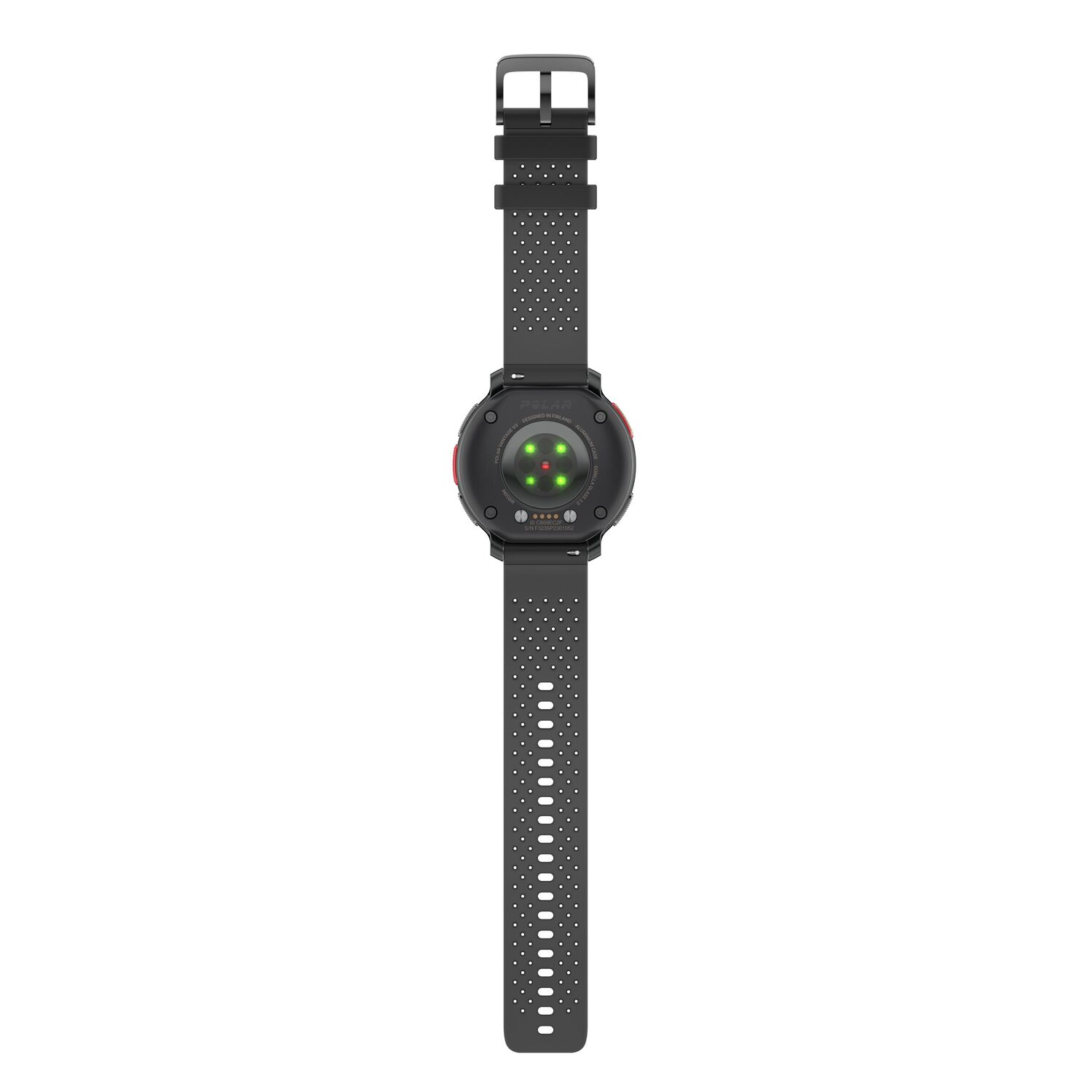 Une montre intelligente noire vue du dessous, montrant les capteurs et le bracelet à trous.