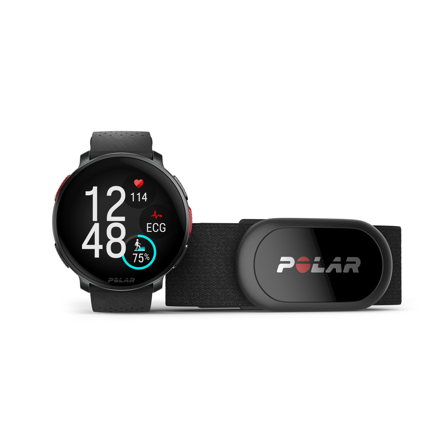 Montre Polar noire avec lunette rouge. Comprend un moniteur de fréquence cardiaque à sangle pectorale.