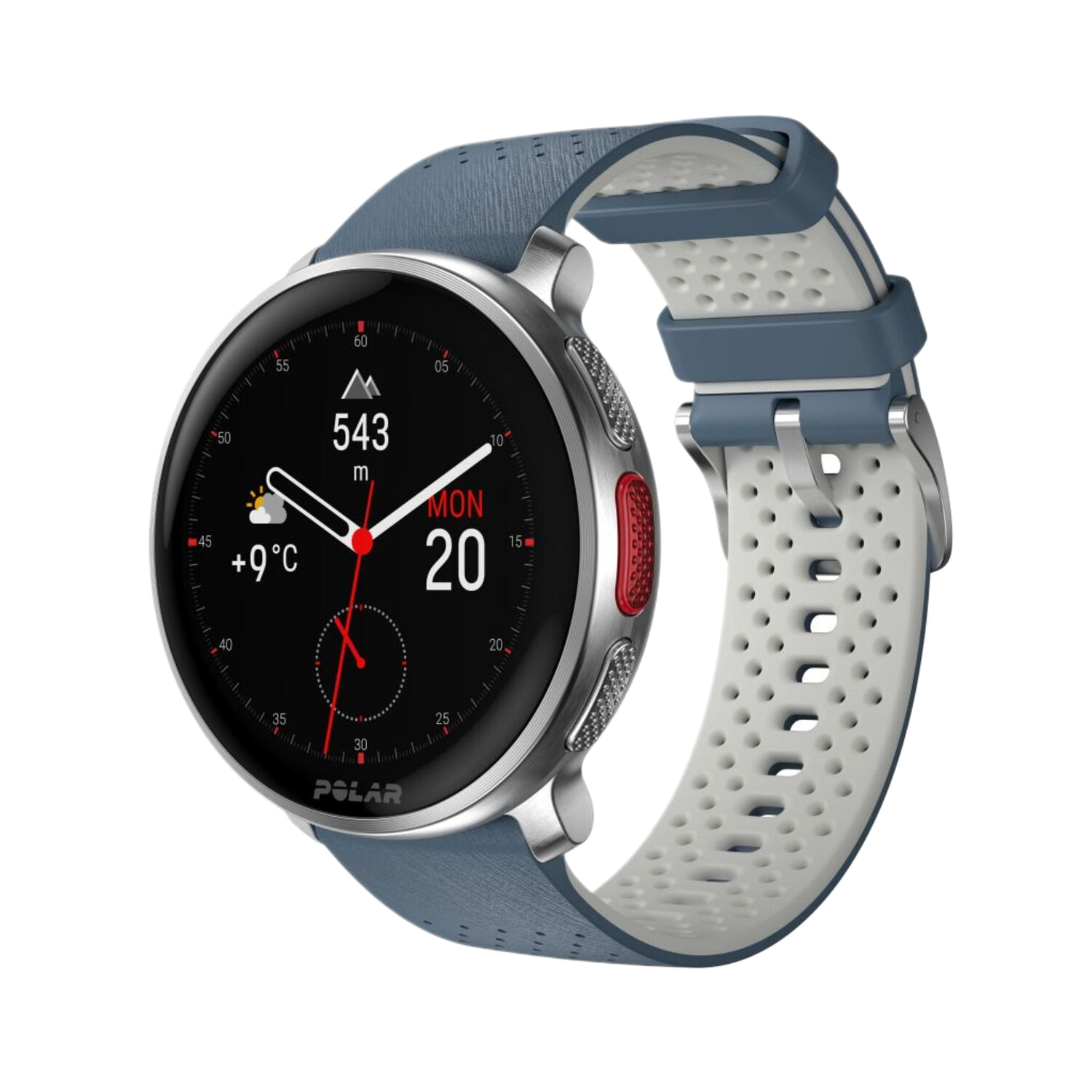 Polar smartwatch. Zwart scherm toont tijd en gegevens. Blauwe band met witte details, rode knop.