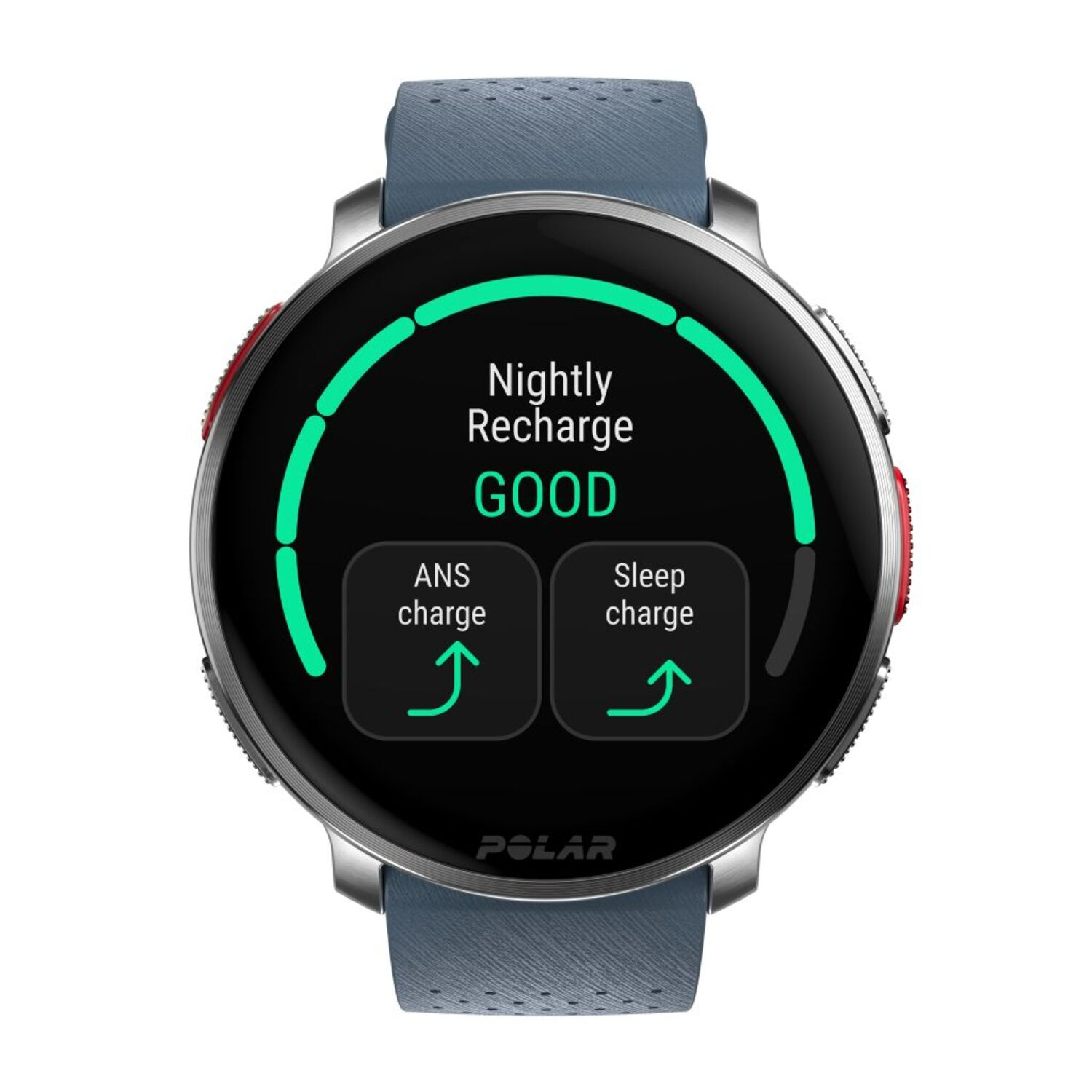 Een smartwatch met 'Nightly Recharge' en slaap/ANS oplaadinformatie.