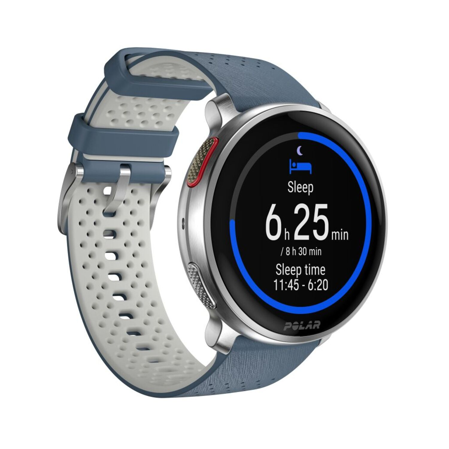 Smartwatch met blauwe band toont slaapgegevens: 6u 25min slaaptijd.