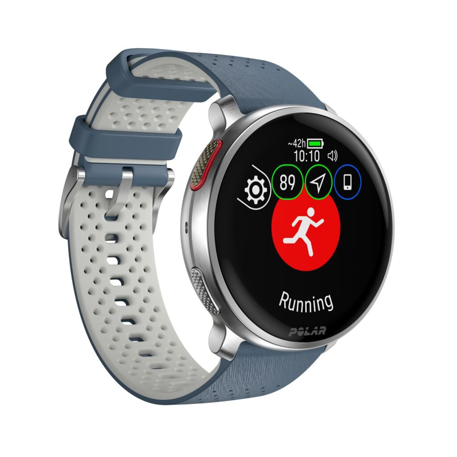 Smartwatch met een hardloopicoon op het scherm, blauwe band en witte accenten.