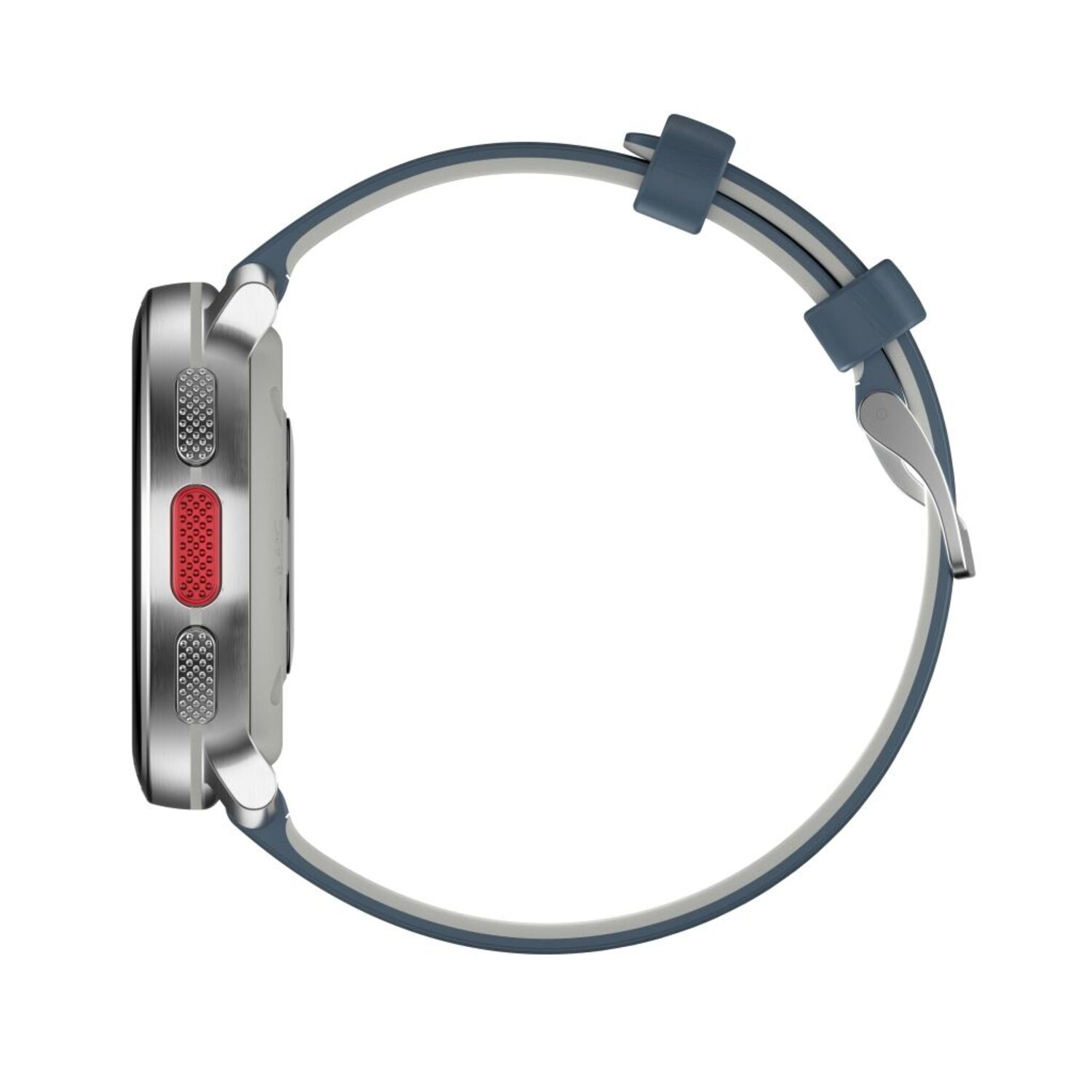 Zijaanzicht van een zilveren smartwatch met een blauwe band op een witte achtergrond.