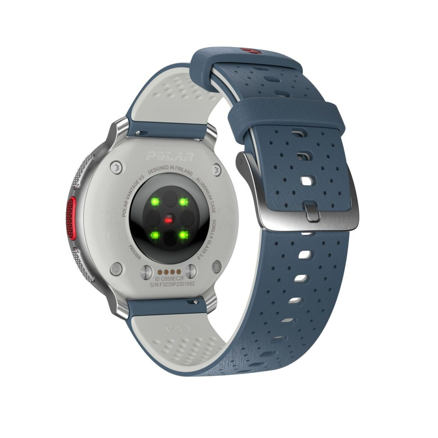 Polar Vantage V3 horloge. De achterkant van het horloge is zichtbaar, met sensoren en band.