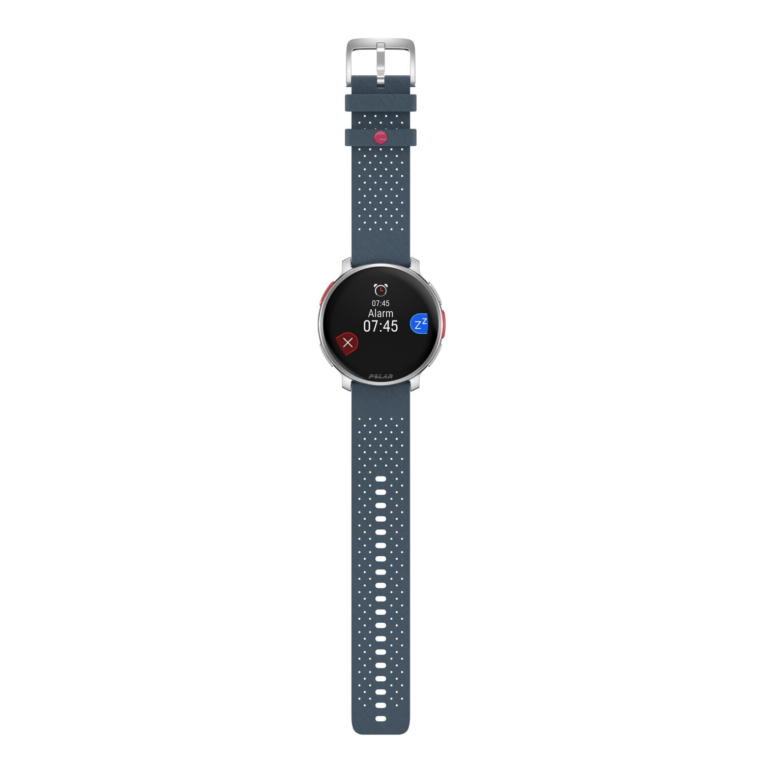 Smartwatch met blauwe band, toont tijd en alarm.