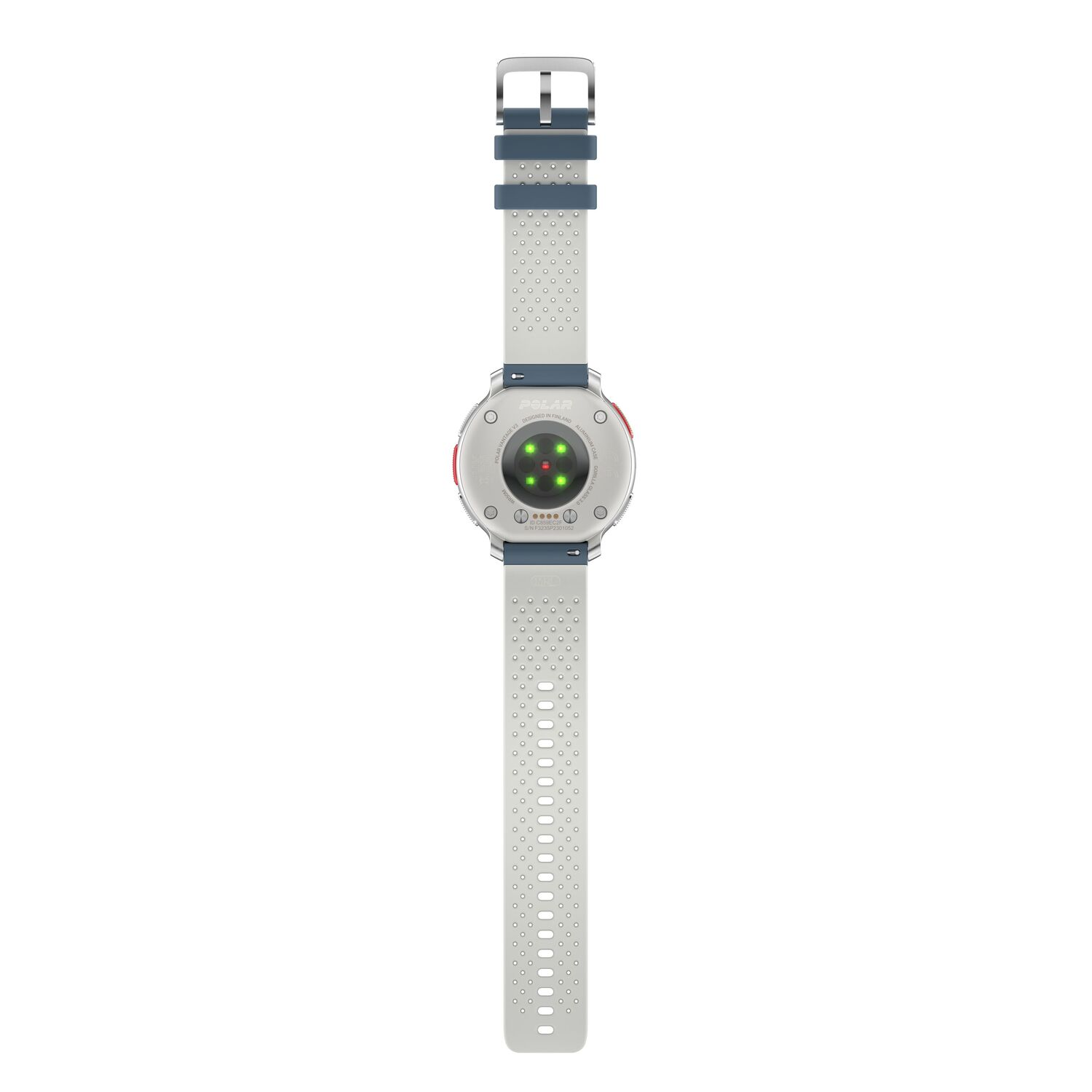 Polar horloge, witte band met blauwe accenten. De achterkant toont sensoren en band.