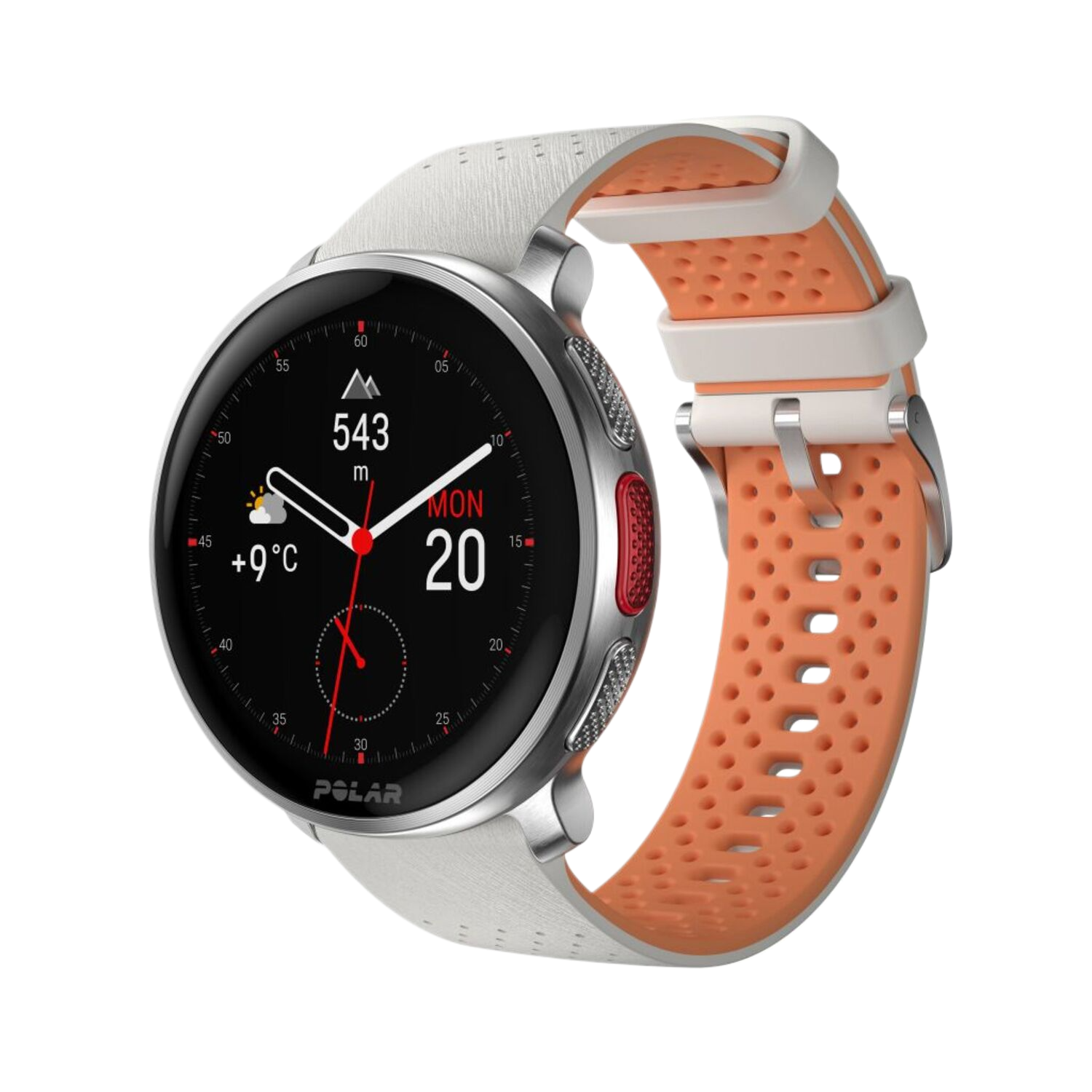 Polar smartwatch met een witte en oranje band. Toont tijd, datum en temperatuur.