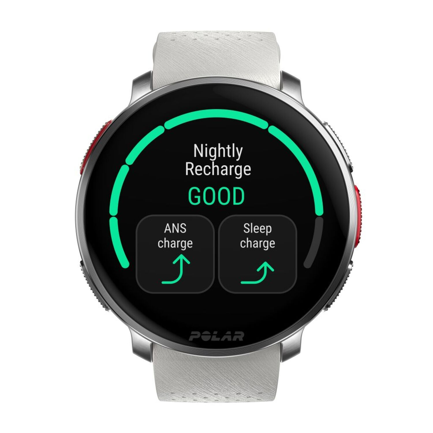Polar smartwatch scherm toont 'Nightly Recharge GOOD' en slaap/ANS oplaadopties.