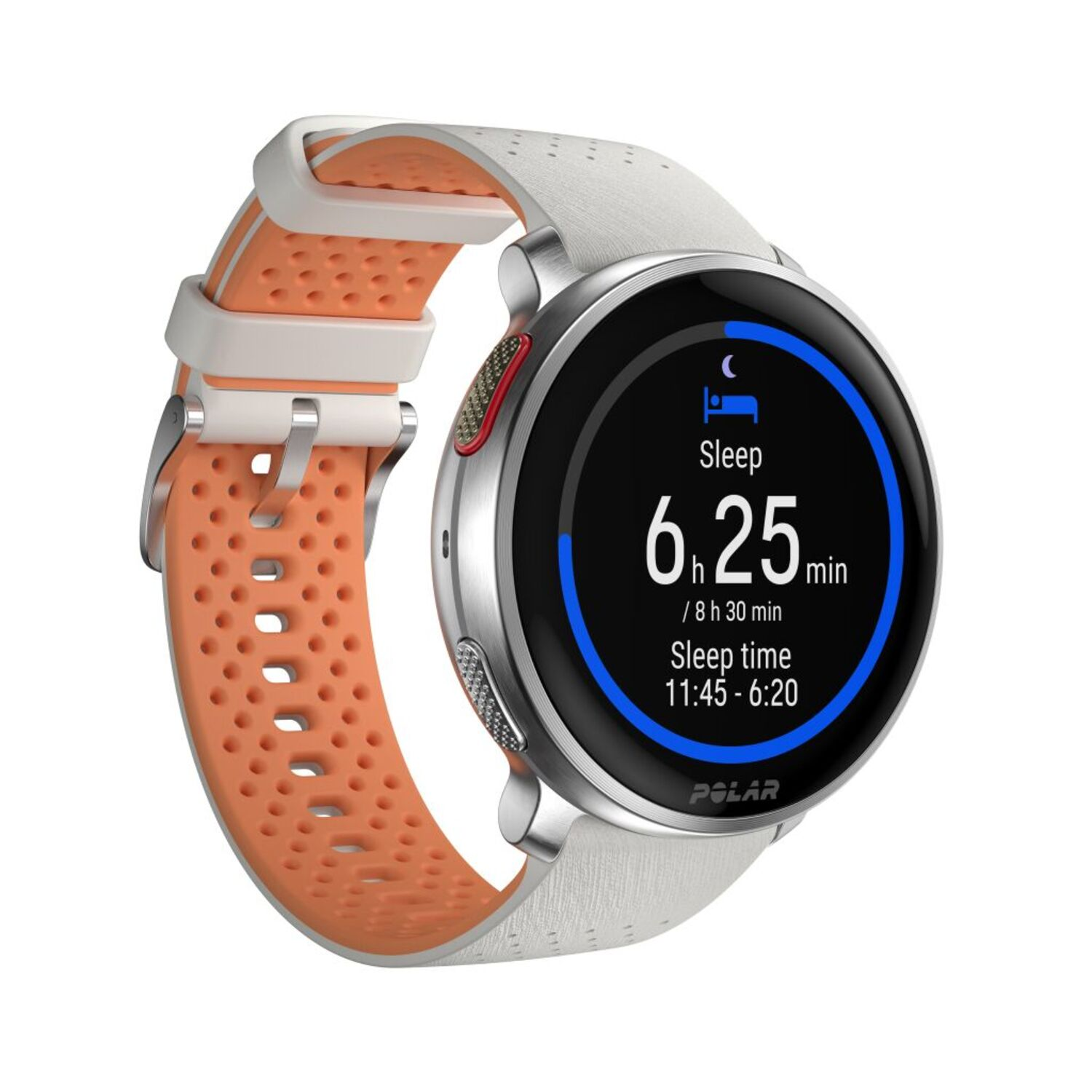 Smartwatch met oranje-witte band, met slaapgegevens: 6u 25min slaaptijd.
