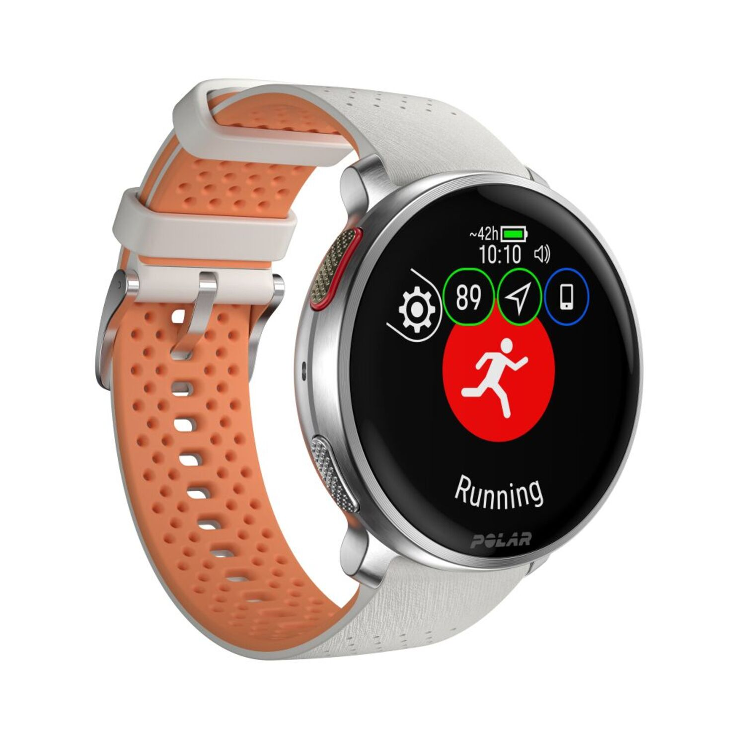 Polar smartwatch met een zwart scherm. Toont een hardloopicoon met een rode achtergrond.