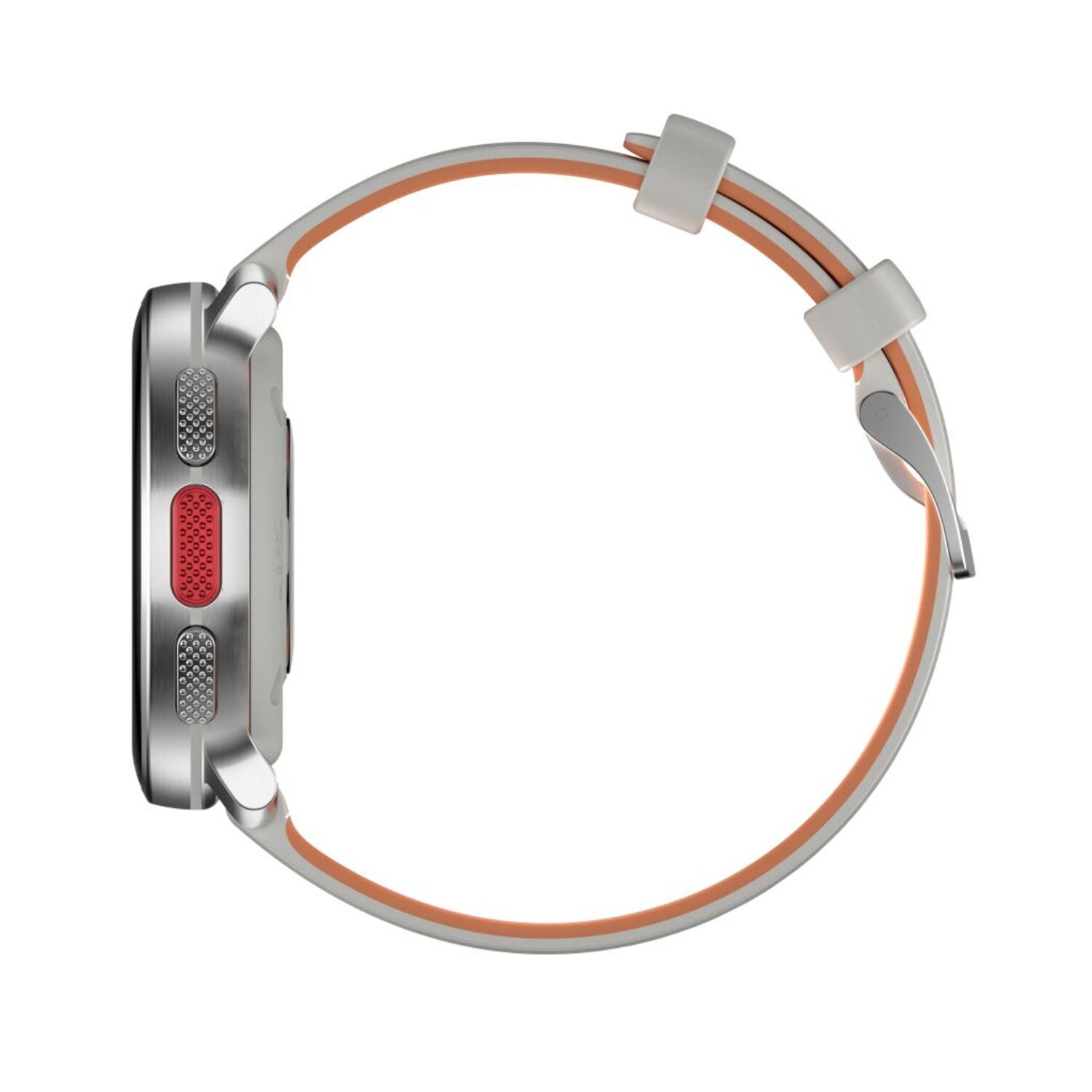 Zijaanzicht van een smartwatch met een blauwe band en witte accenten, geïsoleerd.