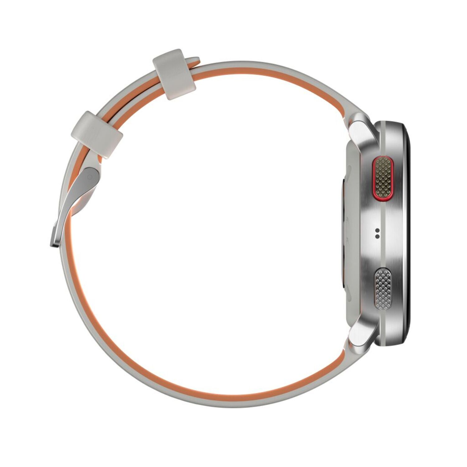 Smartwatch profiel met een witte en oranje band.