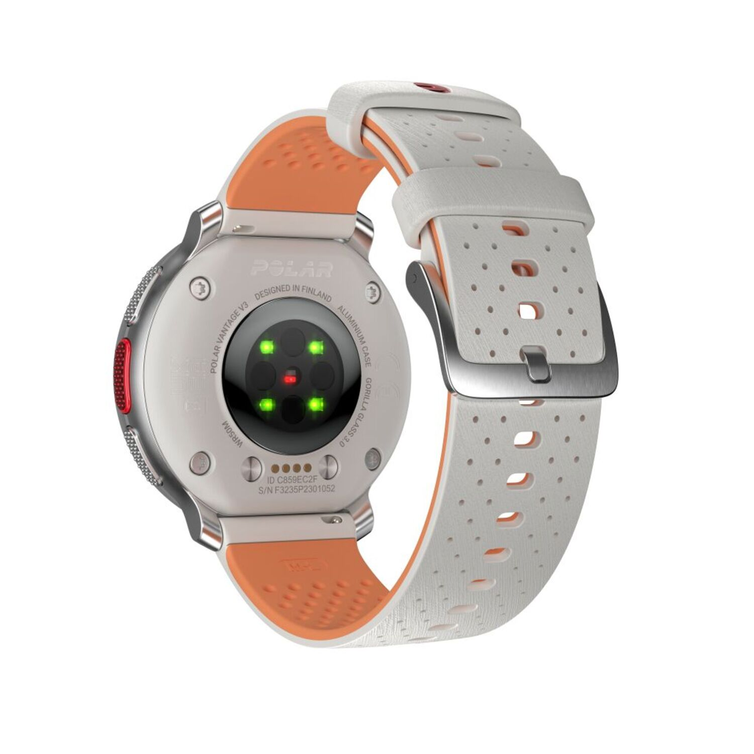Achteraanzicht van een Polar Vantage V3 smartwatch. Witte en oranje band, zwart scherm, rode knop.