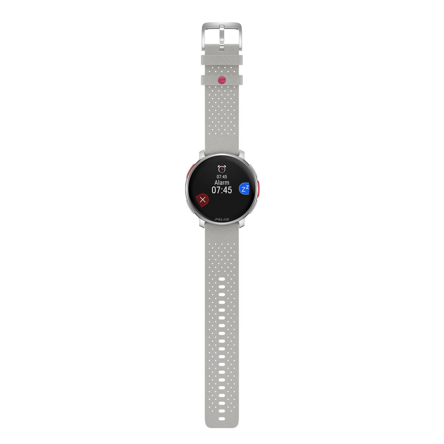 Grijze Polar smartwatch met een lichtgrijze band. Het scherm toont de tijd, alarm en een slaapicoon.