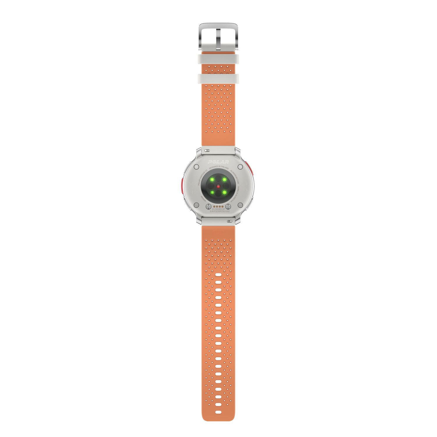 Een smartwatch met een oranje band op een wit oppervlak. De achtergrond is wit.