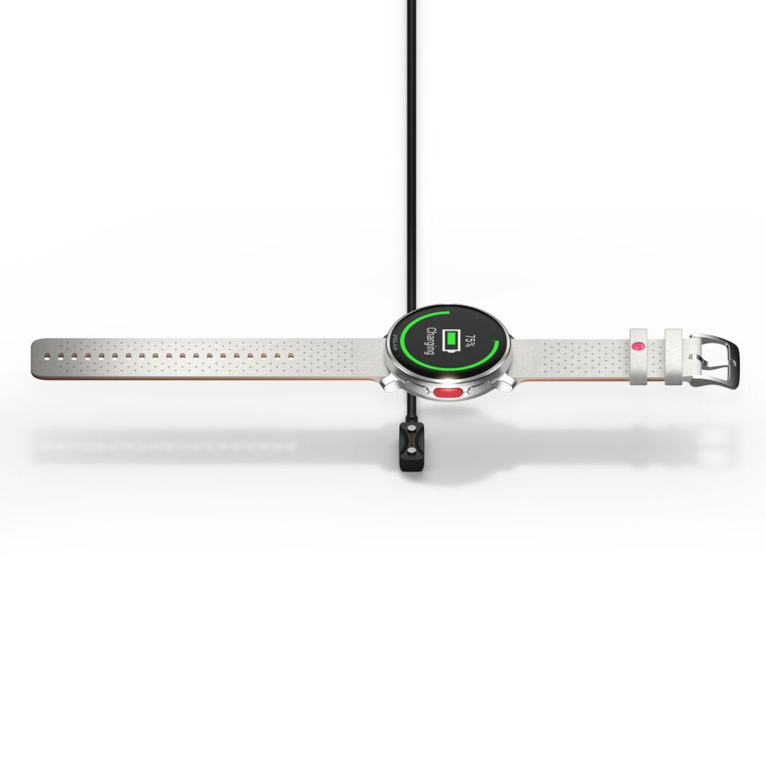 Een smartwatch die oplaadt op een standaard. De band is wit. De achtergrond is wit.