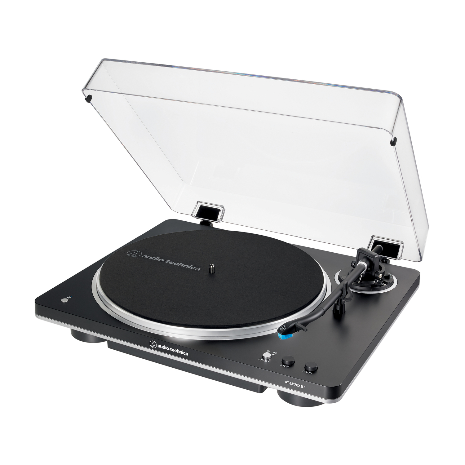 Een zwarte platenspeler met een open, doorzichtige kap, klaar om een vinylplaat af te spelen.