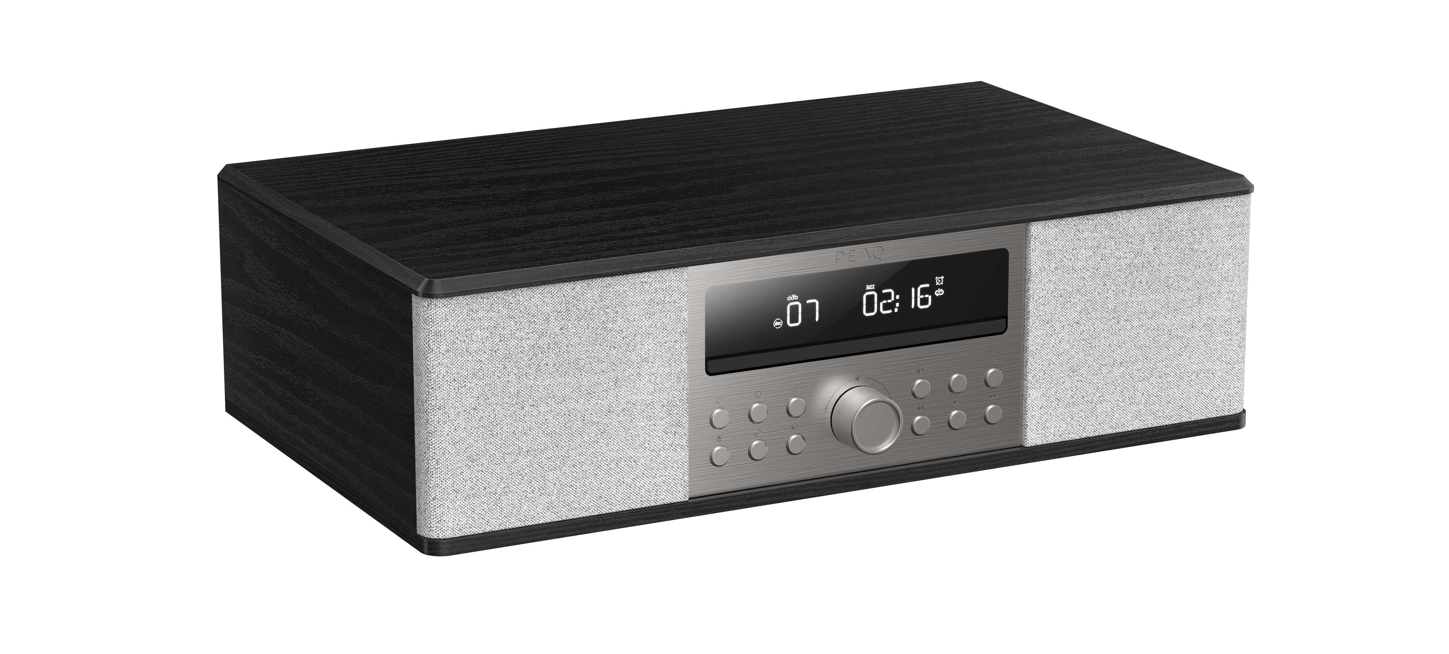 Ein schwarz-weißes Audiogerät mit Display. Der Hintergrund ist weiß.