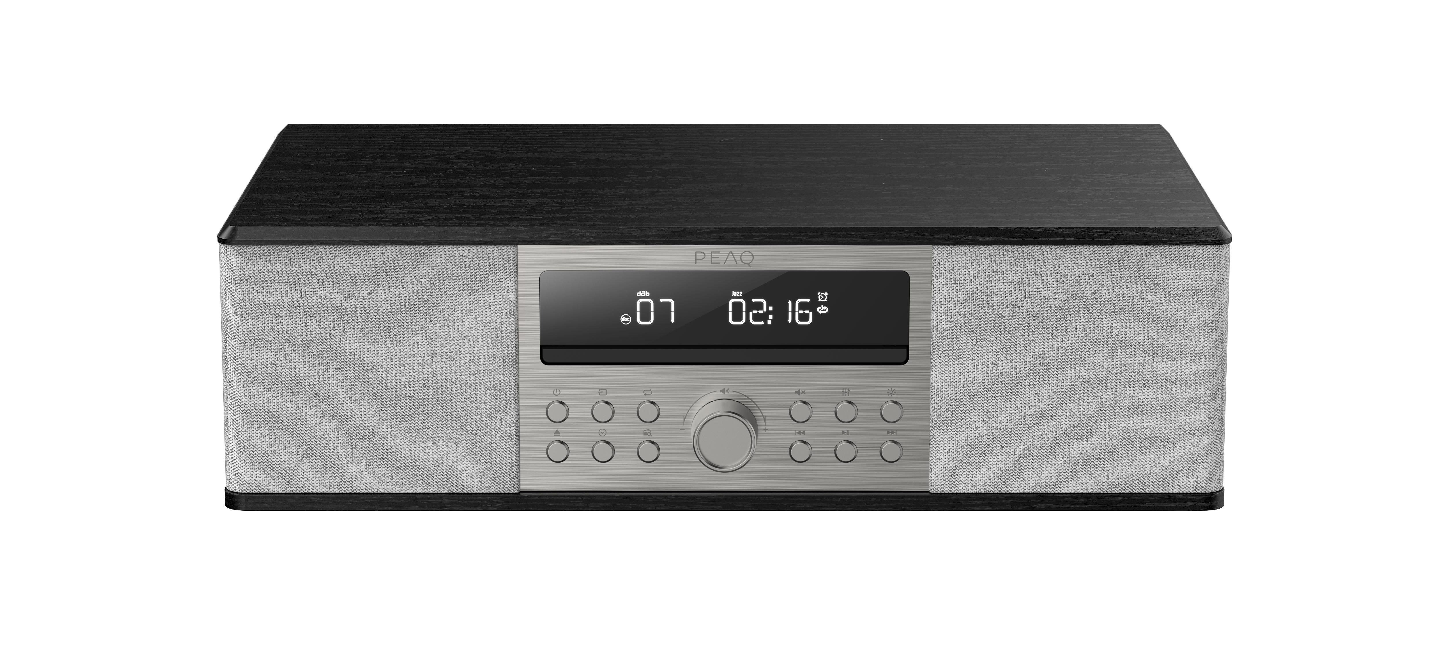 Ein schwarzes und graues Audiogerät auf weißem Hintergrund. Es hat eine Digitalanzeige und Knöpfe.