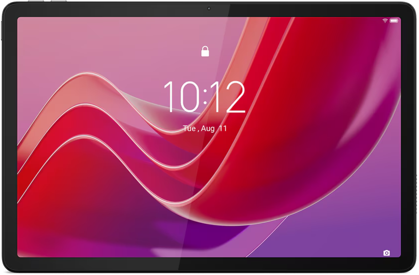 Egy tablet képernyője egy lezárási képernyőt jelenít meg 10:12-es idővel egy piros és lila absztrakt háttéren.