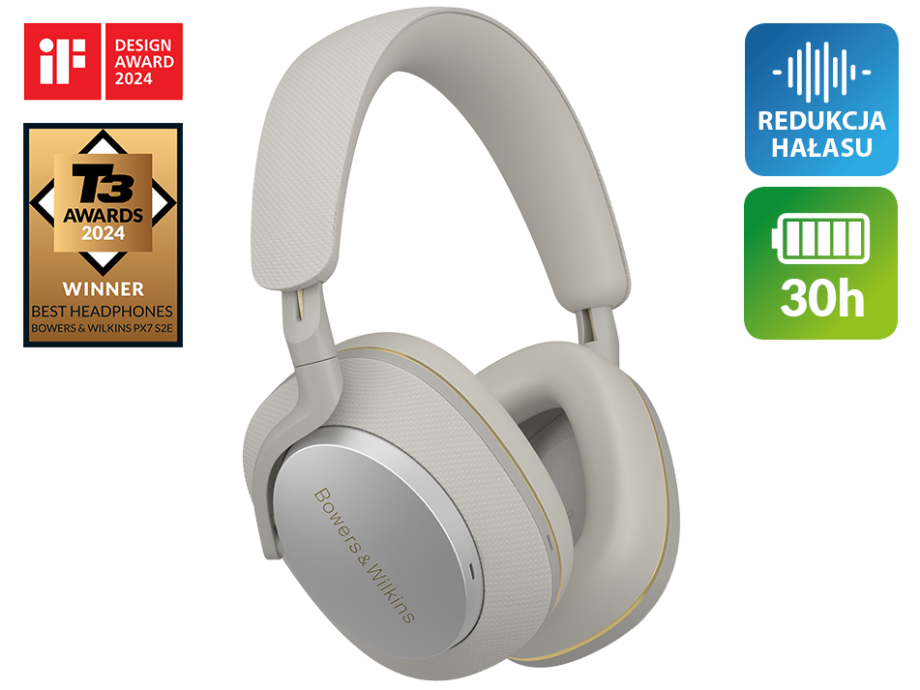 Beżowe słuchawki ze złotymi akcentami, odznakami nagród i ikoną redukcji szumów.