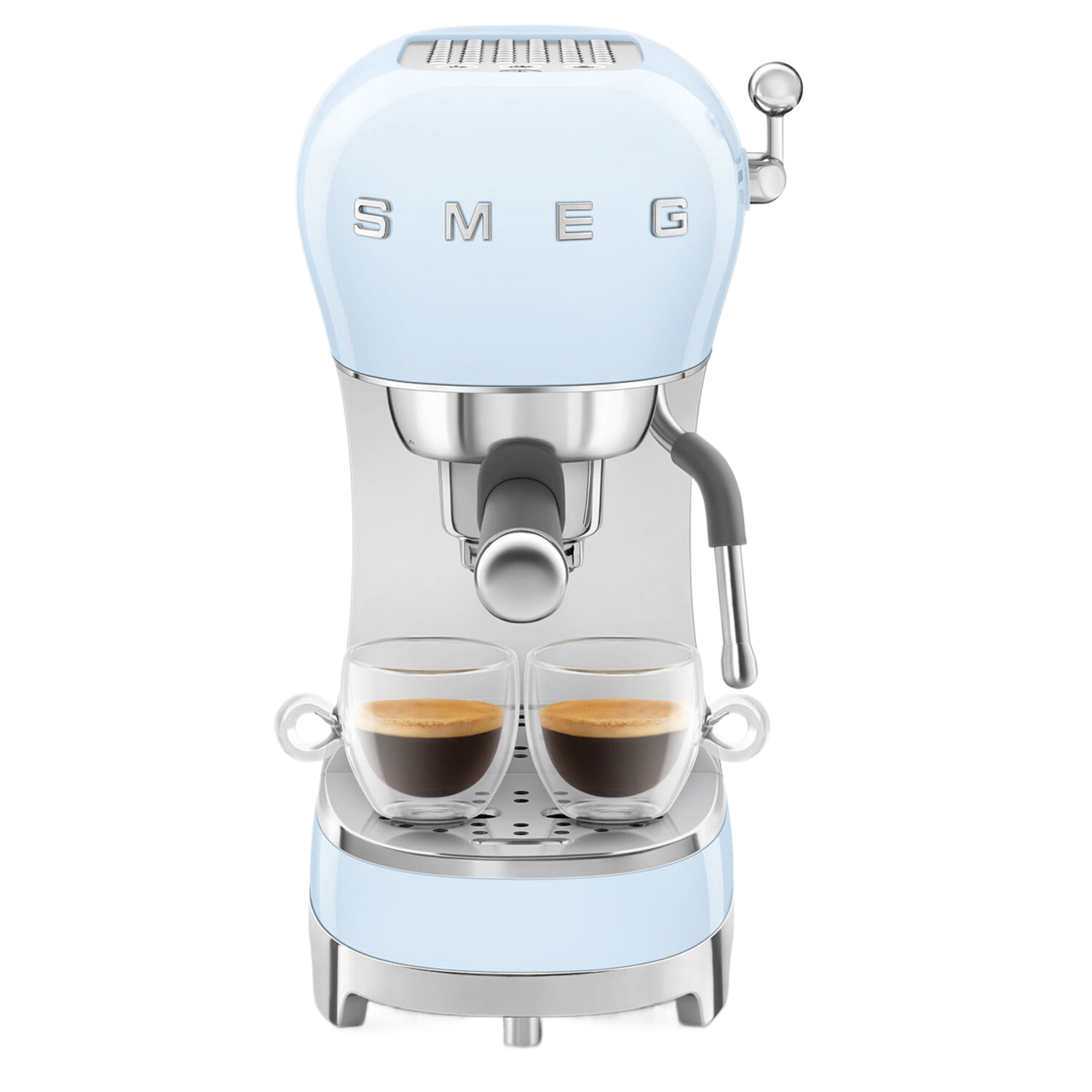 Machine à expresso Smeg bleu clair. Deux tasses d'espresso sur le plateau.