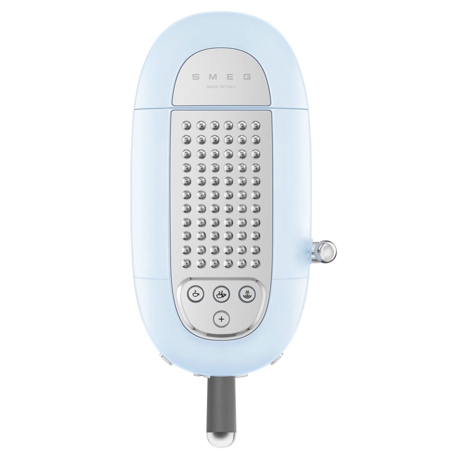 Un blender SMEG bleu clair. Il a un design rétro avec des boutons de commande et un panneau argenté.
