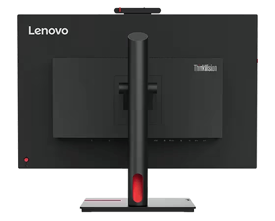 Parte trasera del monitor Lenovo. Negro con soporte. Luz roja en la base del soporte.