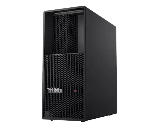 Torre de ordenador ThinkStation negra. Frente con malla de panal.