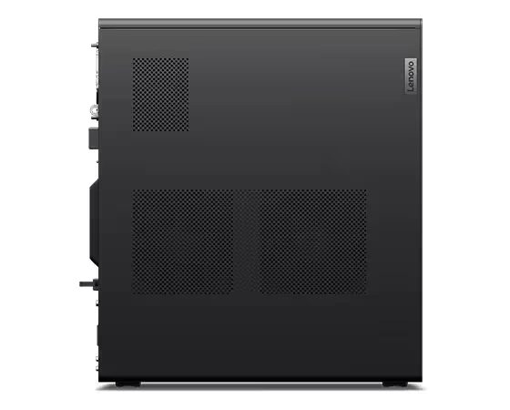 Una torre de computadora negra con orificios de ventilación y un logotipo de Lenovo en el lateral.